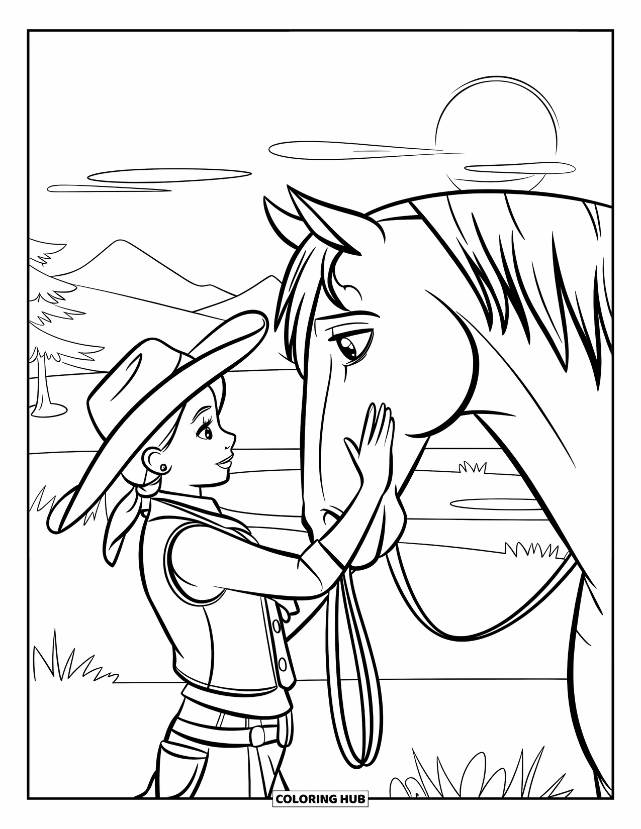 Cow Girl Coloring Page for Kids: A cowgirl gently pets her horse during a peaceful sunset ride