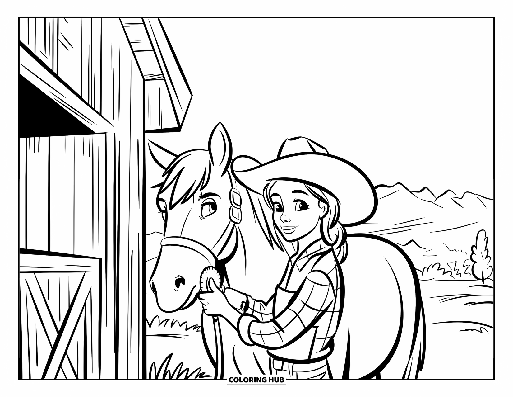 Cow Girl Coloring Page for Kids: A cowgirl grooms her pony next to a rustic wooden barn