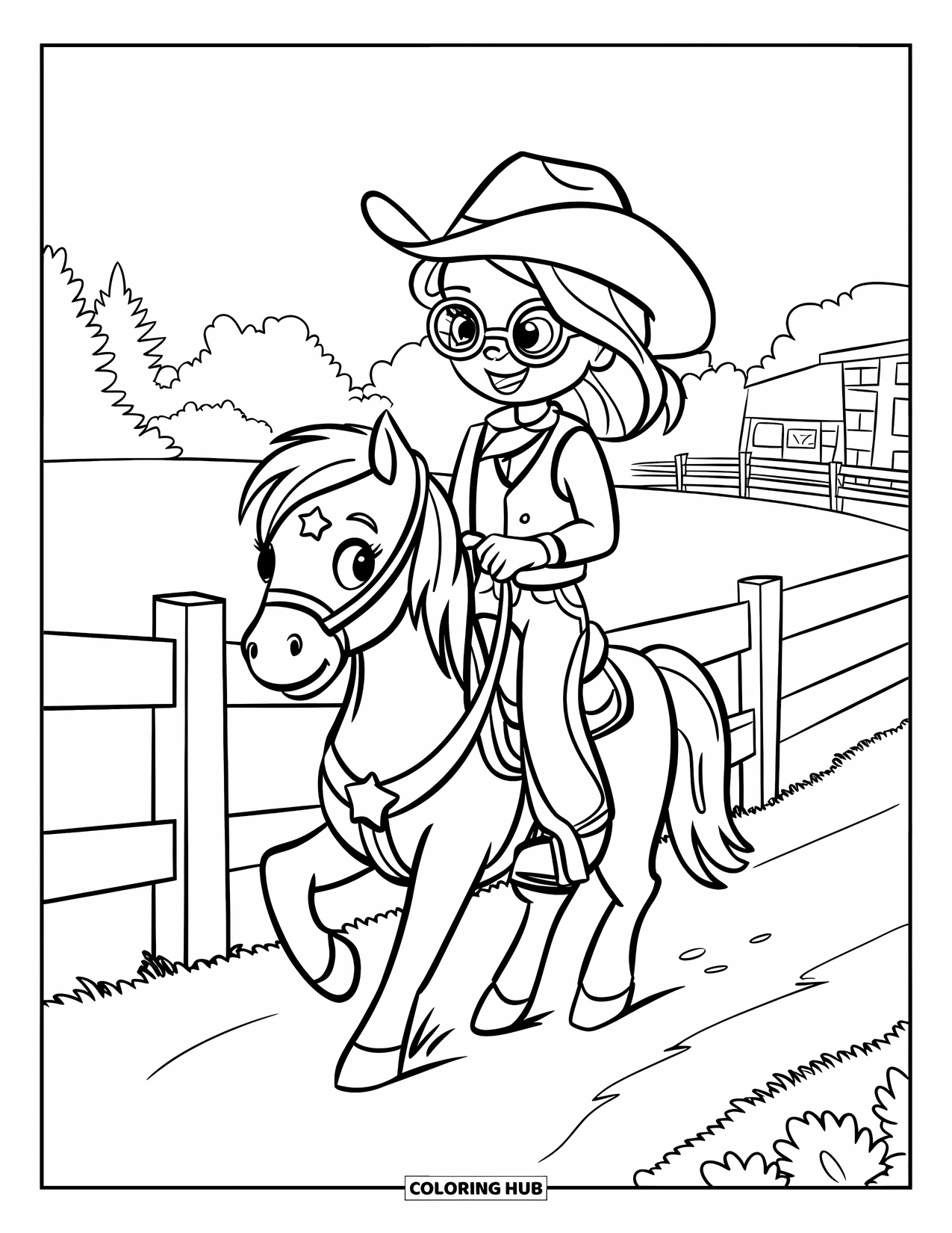 Cow Girl Coloring Page for Kids: A cowgirl in glasses rides a pony with a star-shaped mark