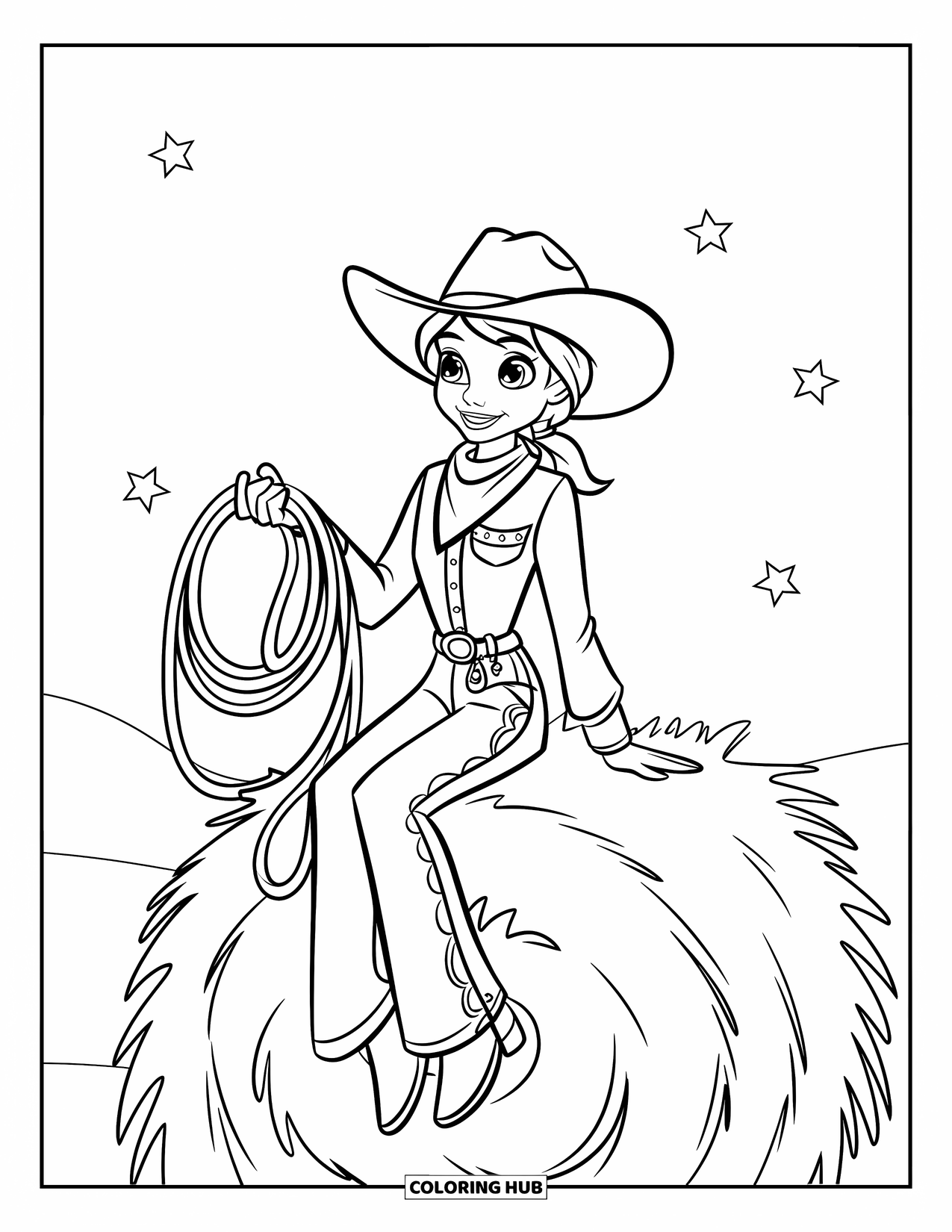 Cow Girl Coloring Page for Kids: A cowgirl on a haystack holds a lasso under a simple, starry sky