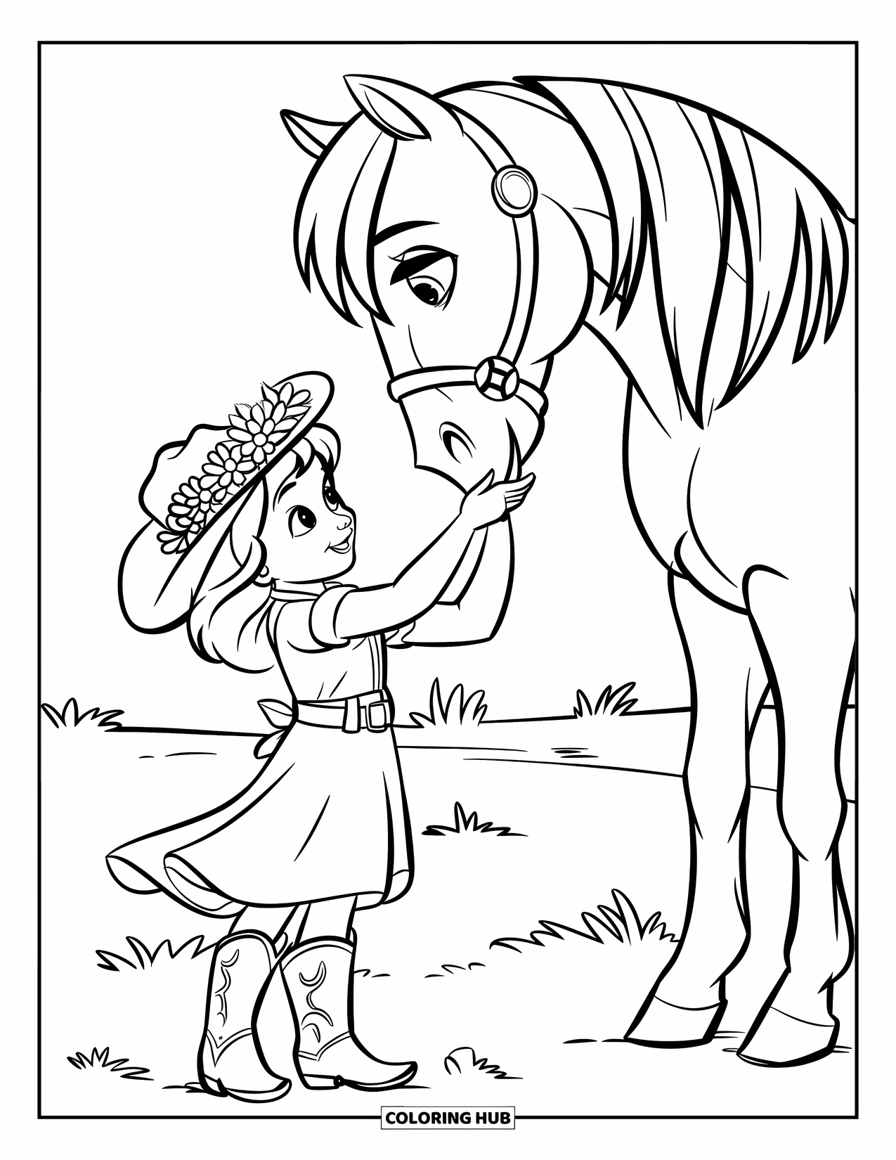 Cow Girl Coloring Page for Kids: A cowgirl places a flower crown on her pony in a grassy field