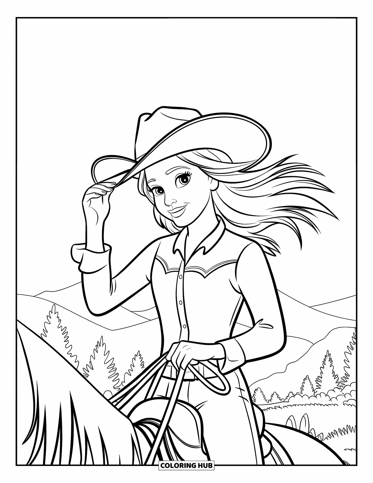 Cow Girl Coloring Page for Kids: A cowgirl rides a horse with wind sweeping through her hair