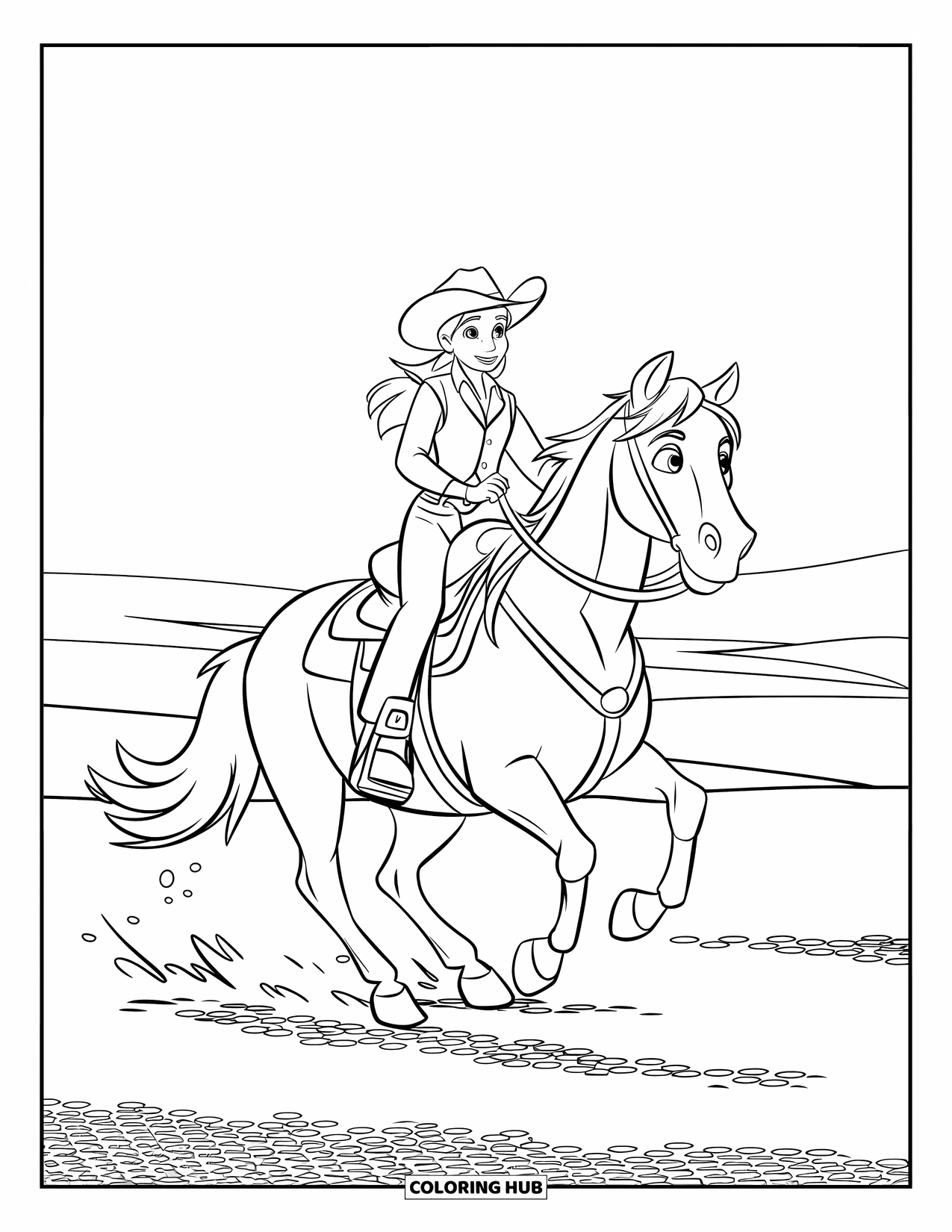 Cow Girl Coloring Page for Kids: A cowgirl rides through the prairie with the horizon stretching ahead