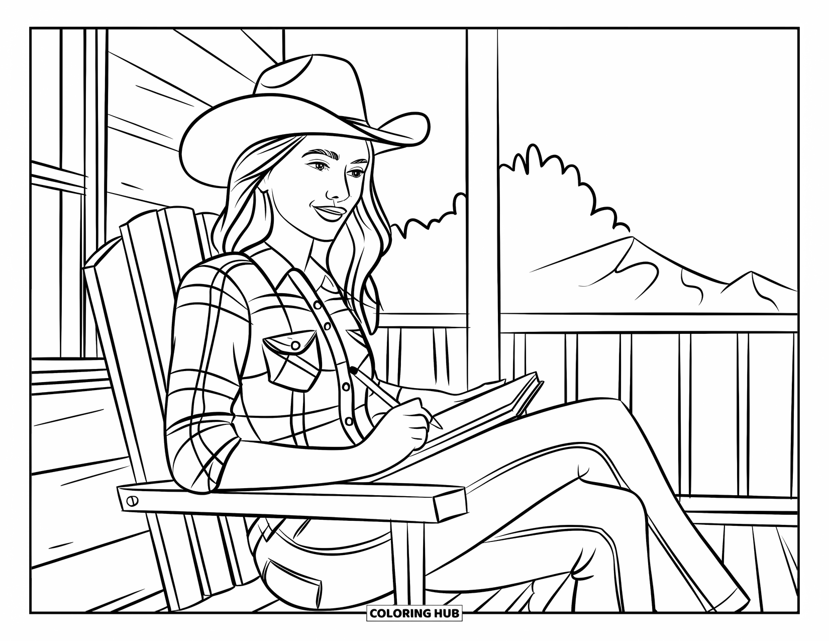 Cow Girl Coloring Page for Kids: A cowgirl sits on a chair sketching mountain scenes from a rustic porch