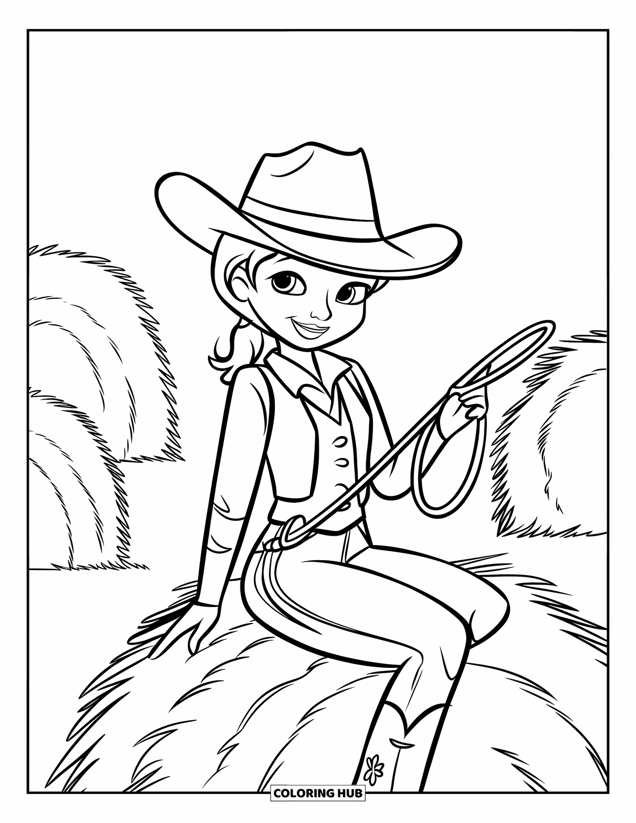 Cow Girl Coloring Page for Kids: A cowgirl sits on a haystack holding a lasso with hay around her