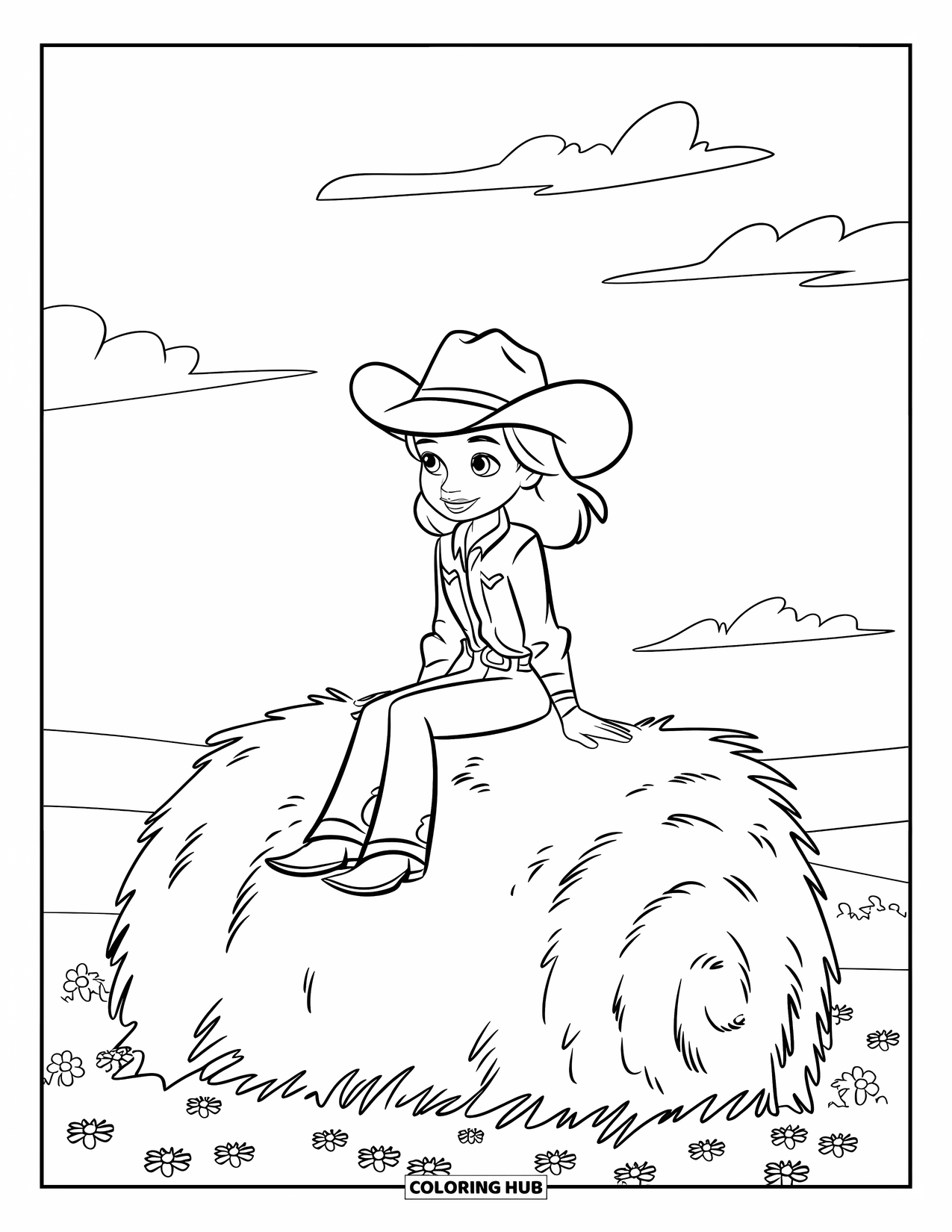 Cow Girl Coloring Page for Kids: A cowgirl smiles while sitting on a haystack surrounded by flowers