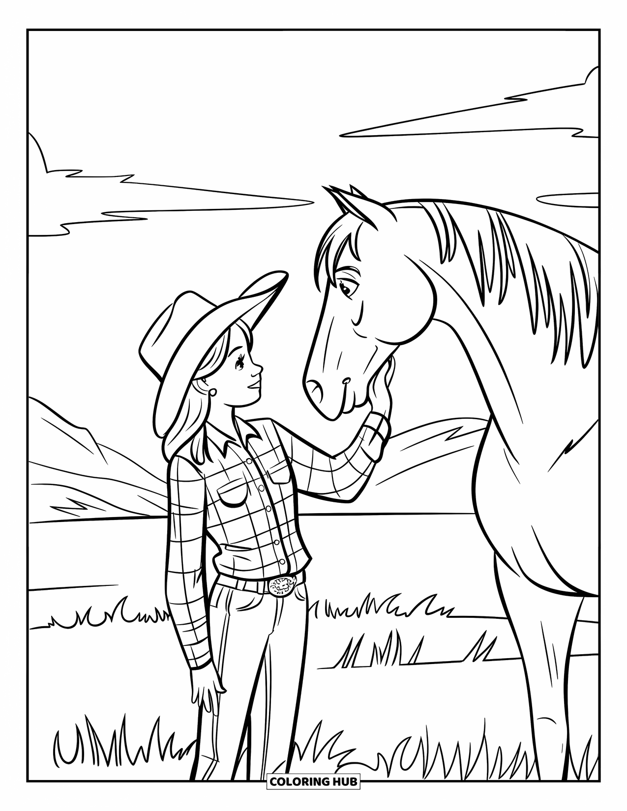 Cow Girl Coloring Page for Kids: A cowgirl stands in a field, petting her horse near the mountains