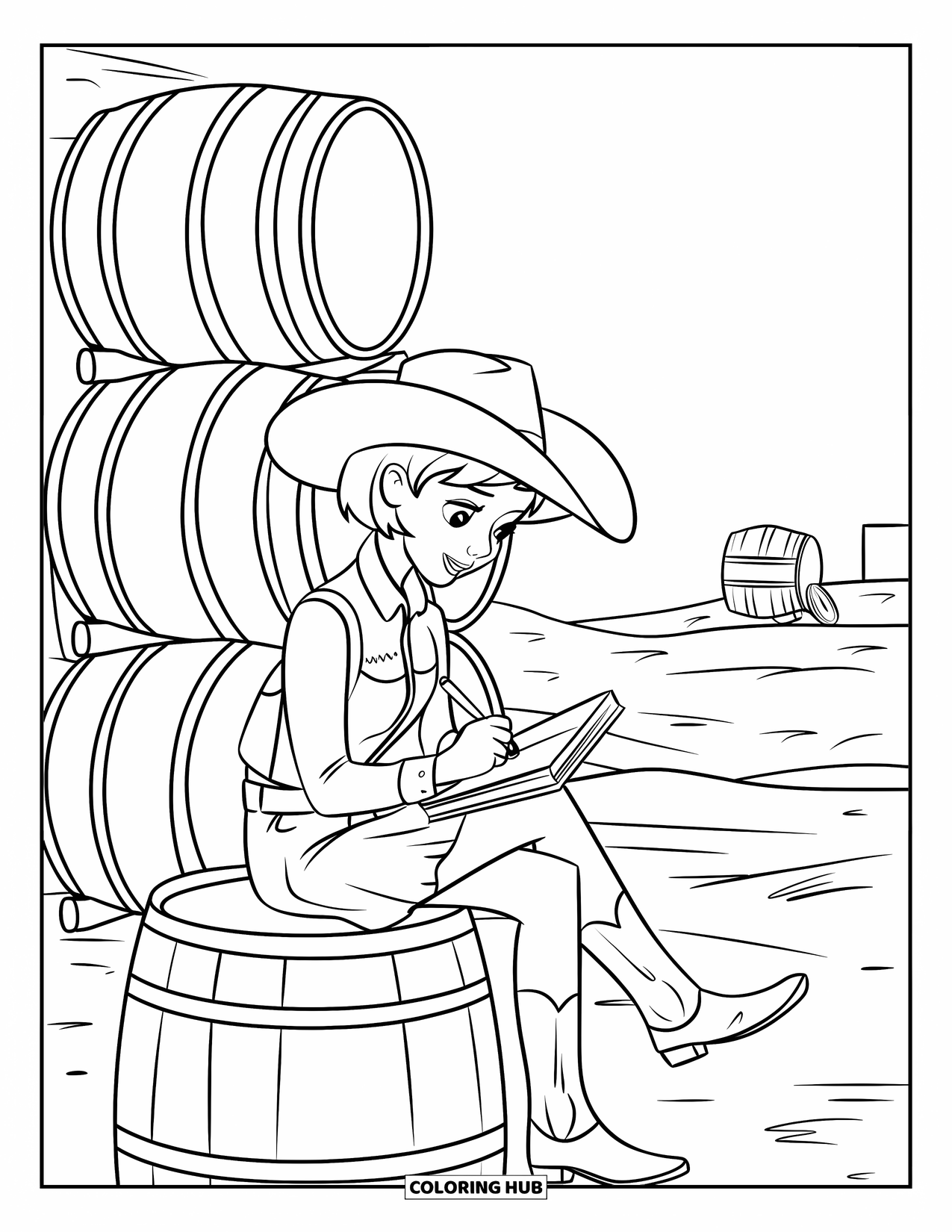 Cow Girl Coloring Page for Kids: A cowgirl with short hair writes in her diary on a sunny day