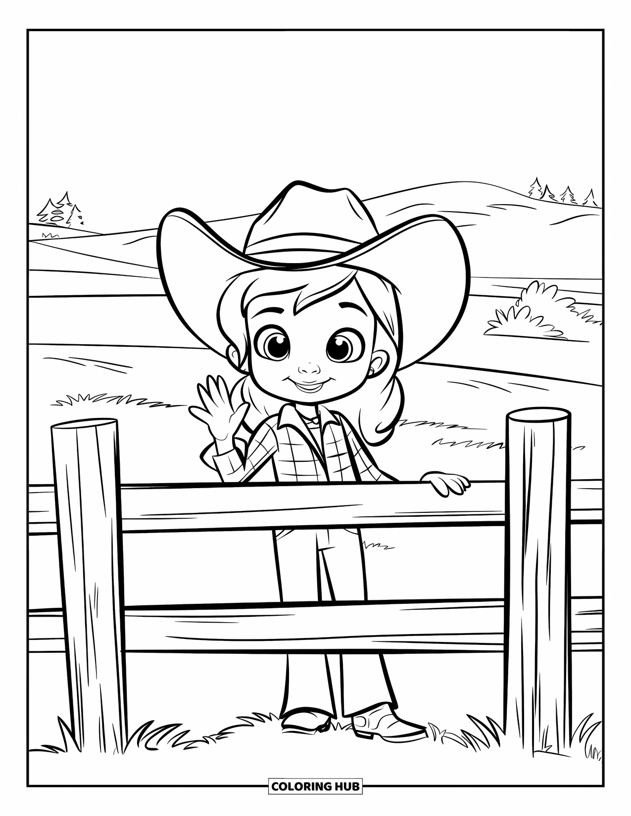 Cow Girl Coloring Page for Kids: A friendly cowgirl waves over a wooden fence in a quiet, grassy field