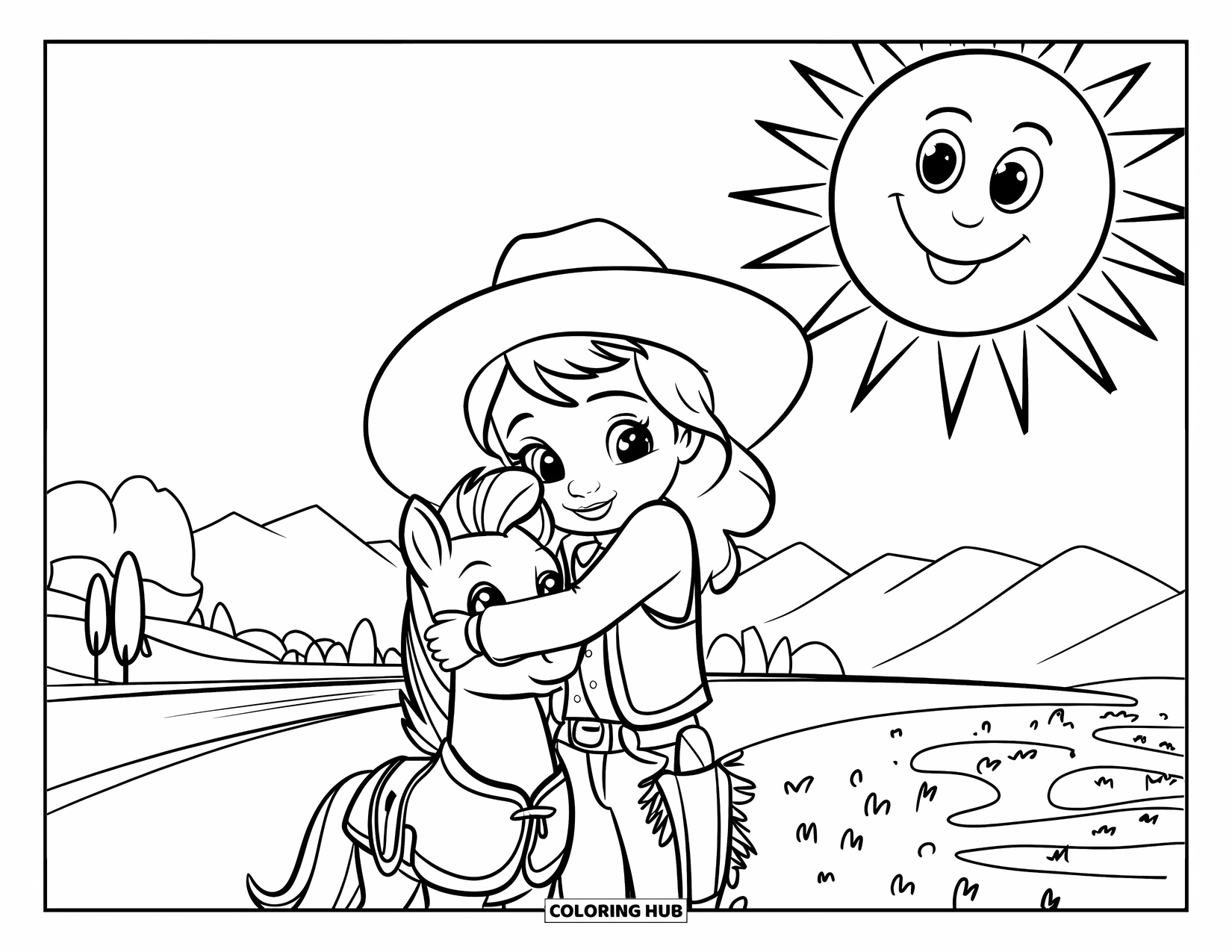 Cow Girl Coloring Page for Kids: A little cowgirl hugs her pony as the sun smiles from above