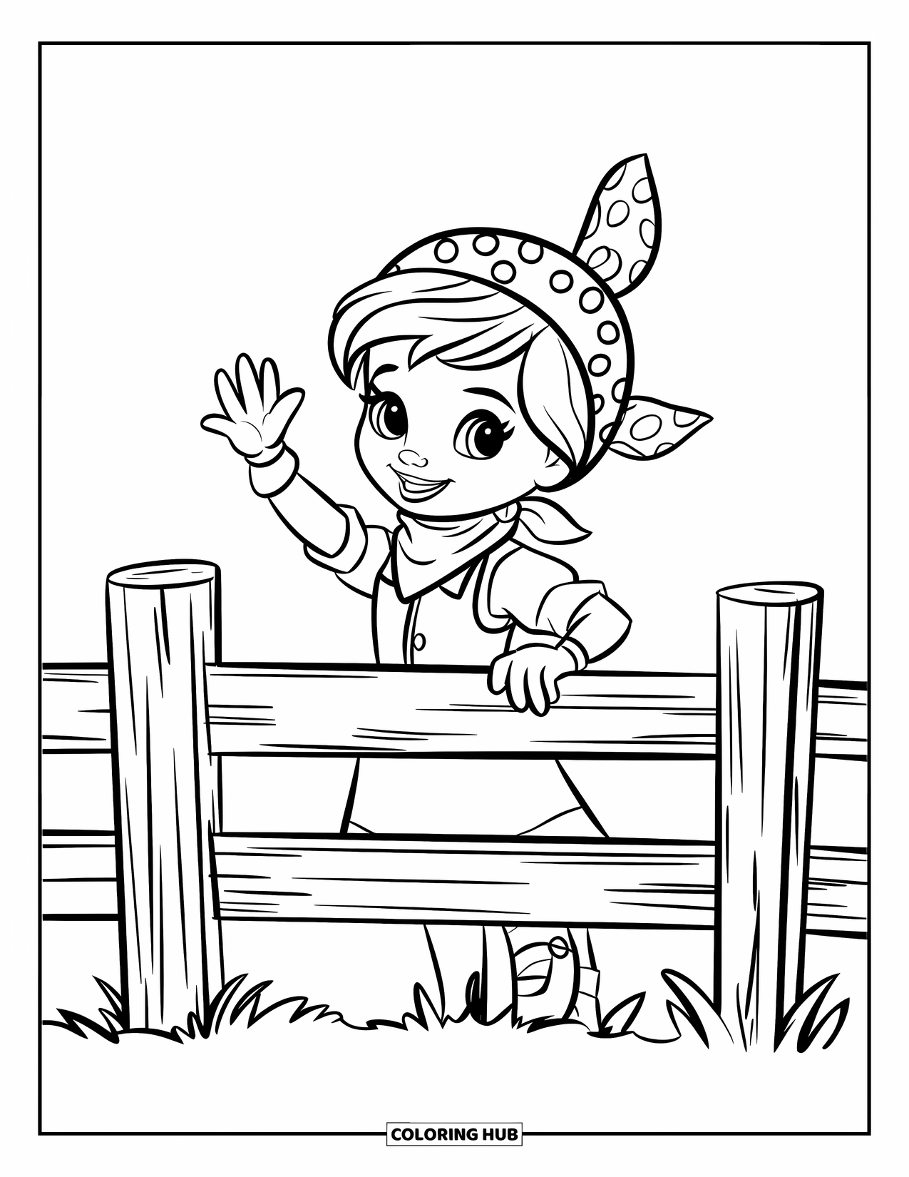 Cow Girl Coloring Page for Kids: A smiling cowgirl waves from behind a fence with a scarf and dress
