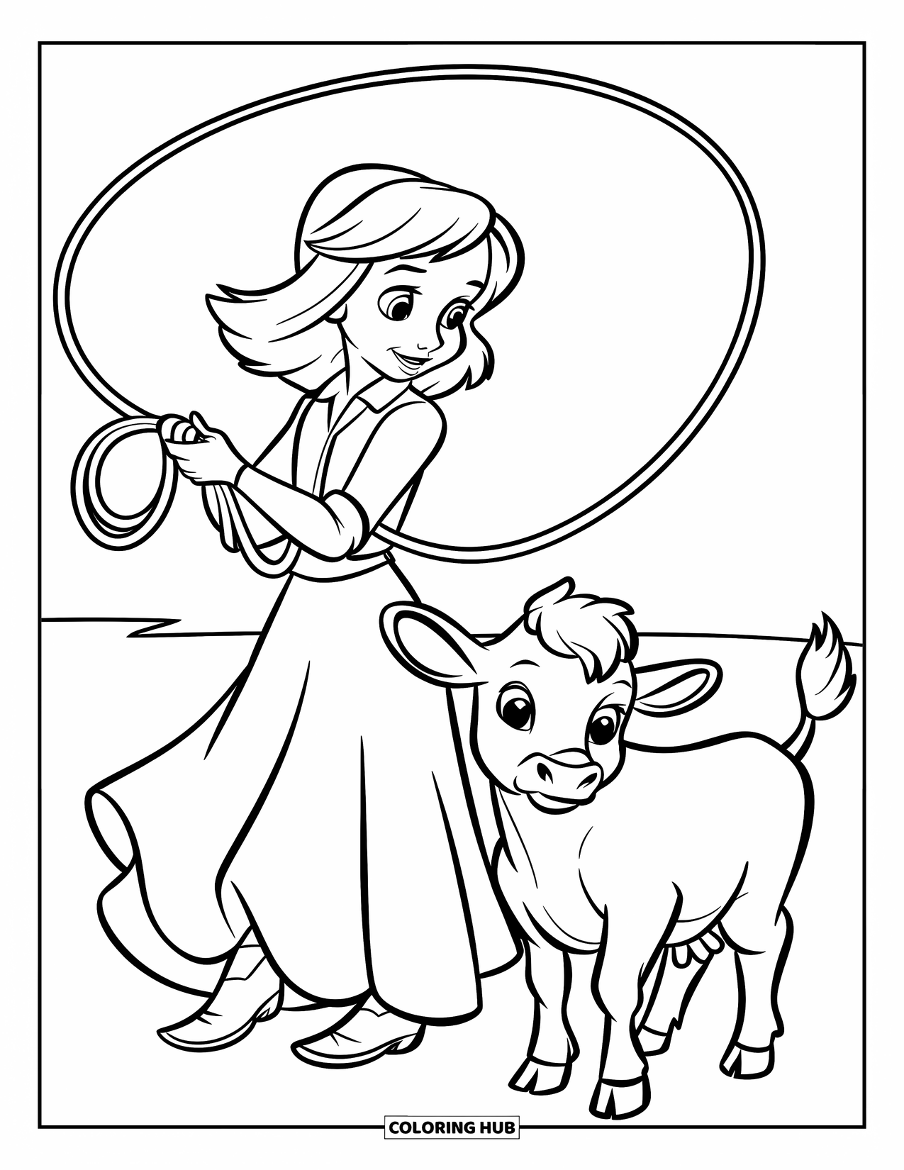 Cow Girl Coloring Page for Kids: A sweet cowgirl holds a lasso beside a baby cow in a sunny field