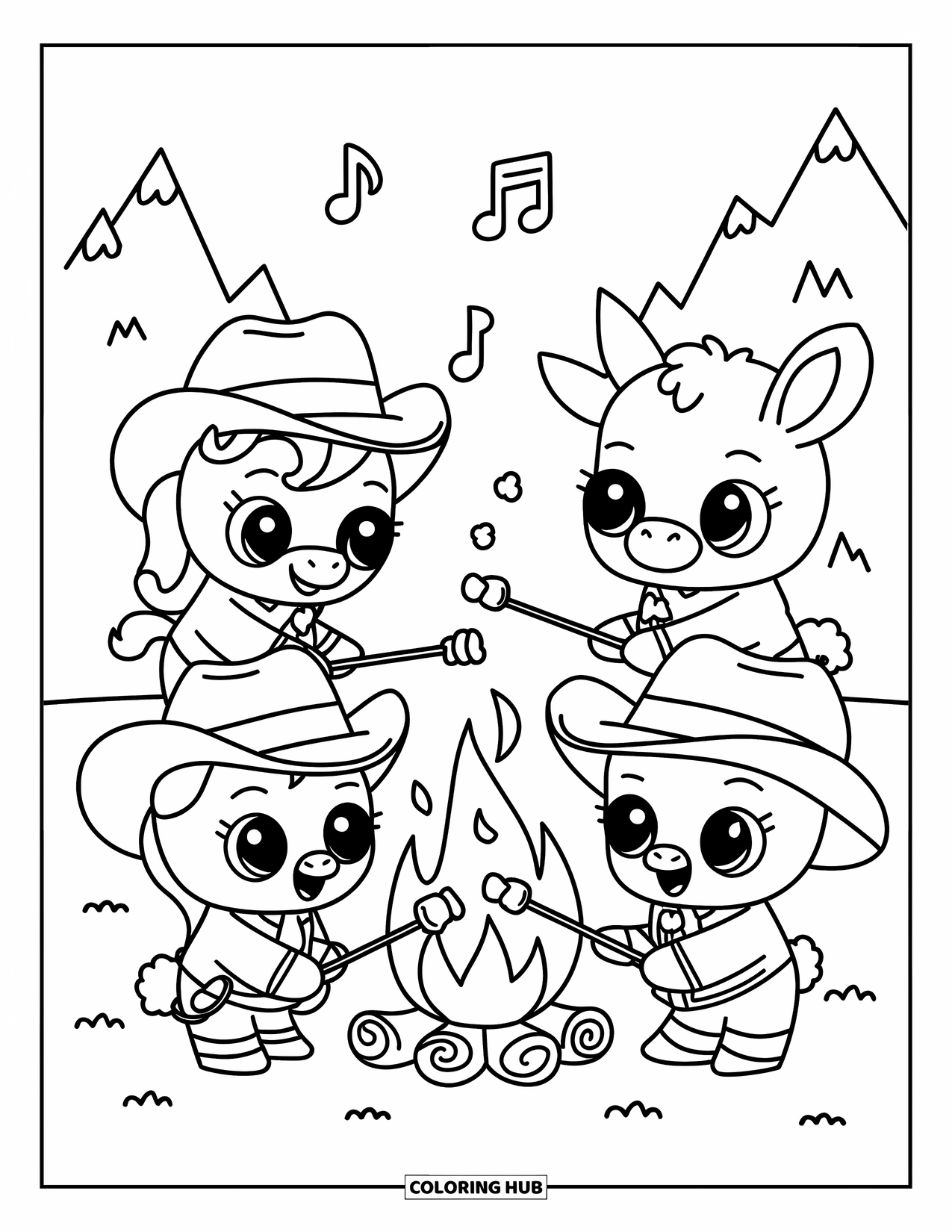 Cowboy Coloring Page for Adults: A bunny, pony, and calf roast marshmallows by a cozy campfire under a peaceful sky