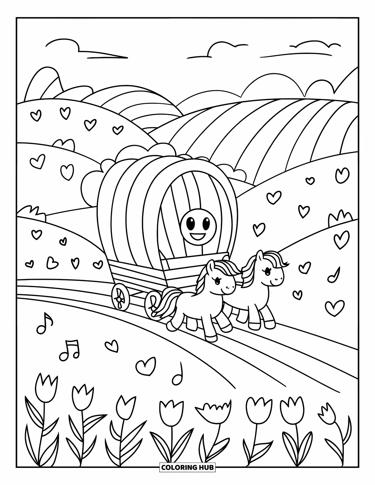 Cowboy Coloring Page for Adults: A cheerful wagon is pulled by ponies across flowered hills with music and hearts