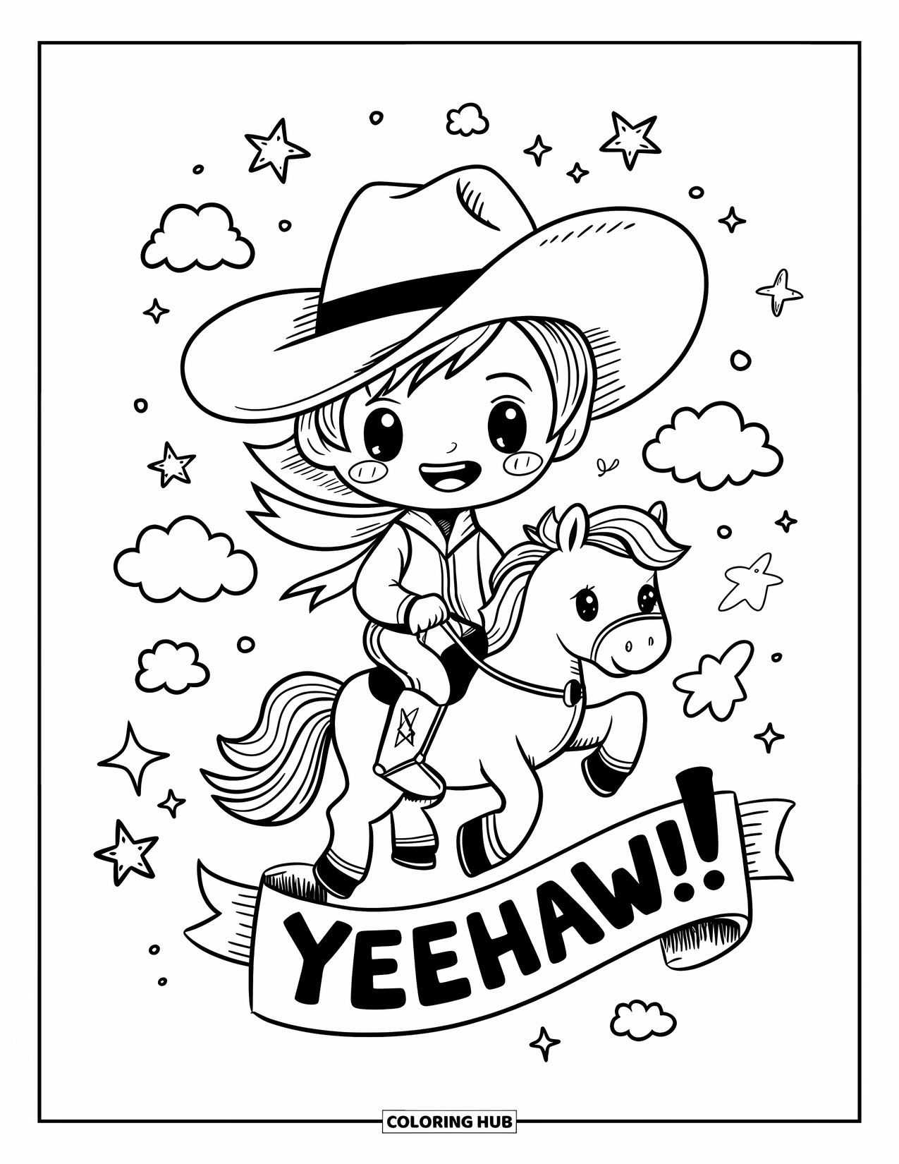 Cowboy Coloring Page for Adults: A chibi cowboy with big boots rides a tiny pony under stars, clouds, and "Yeehaw!"