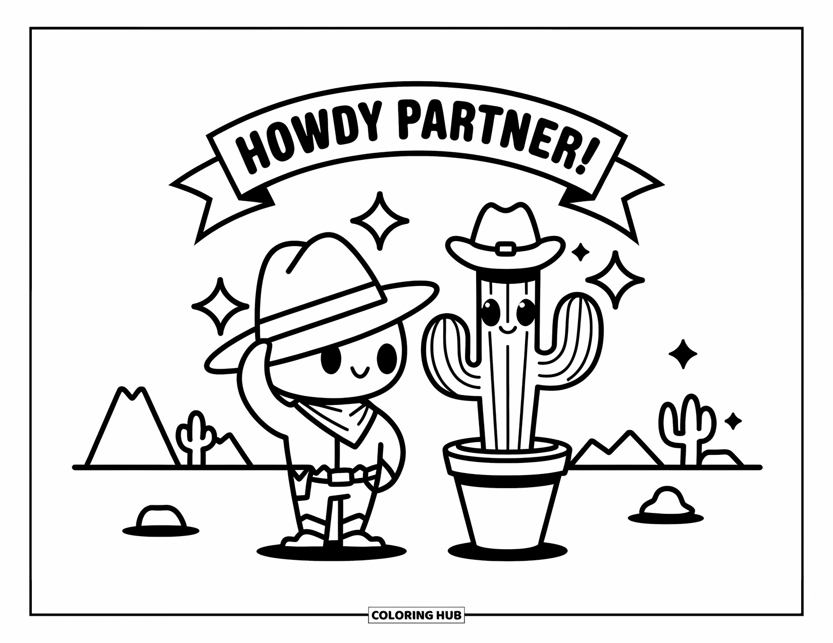 Cowboy Coloring Page for Adults: A cowboy and a joyful cactus wave under a "Howdy Partner!" banner with sparkles