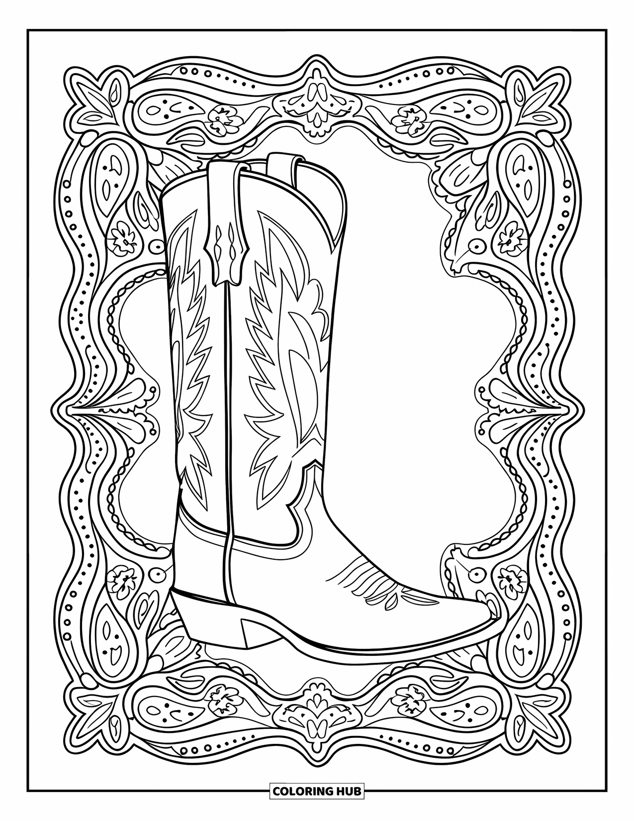 Cowboy Coloring Page for Adults: A cowboy boot is framed by delicate paisley designs in a stylish, intricate layout