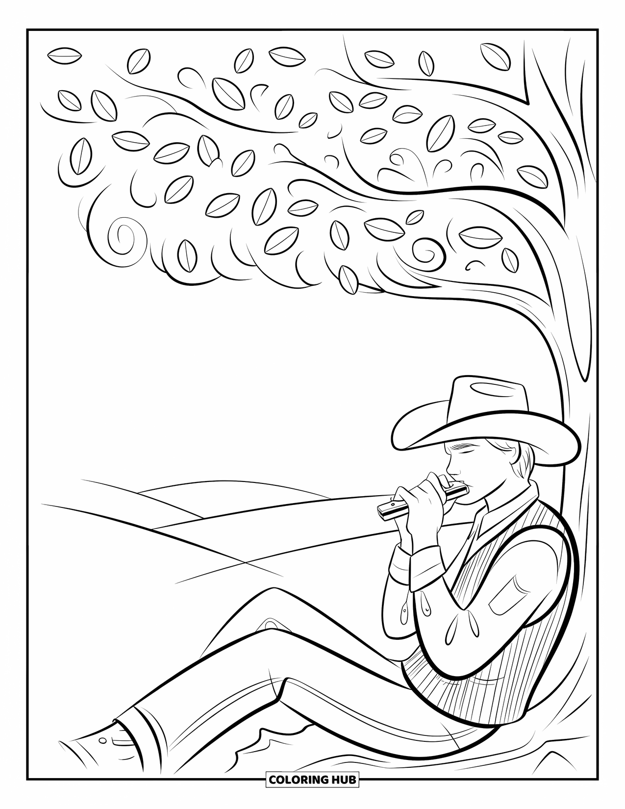 Cowboy Coloring Page for Adults: A cowboy in a hat plays harmonica under a tree with swirling branches and hills beyond
