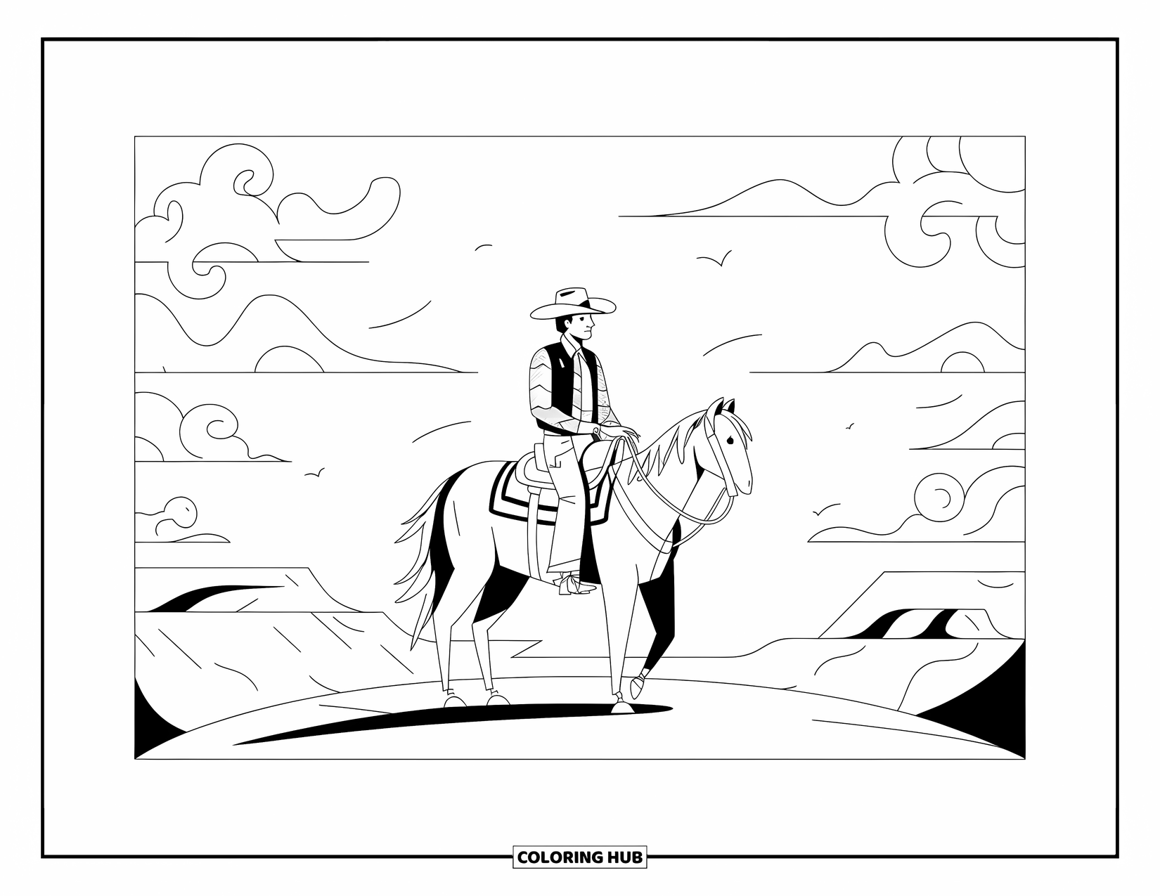 Cowboy Coloring Page for Adults: A cowboy rides his horse across a desert mesa with clouds and distant ridges behind