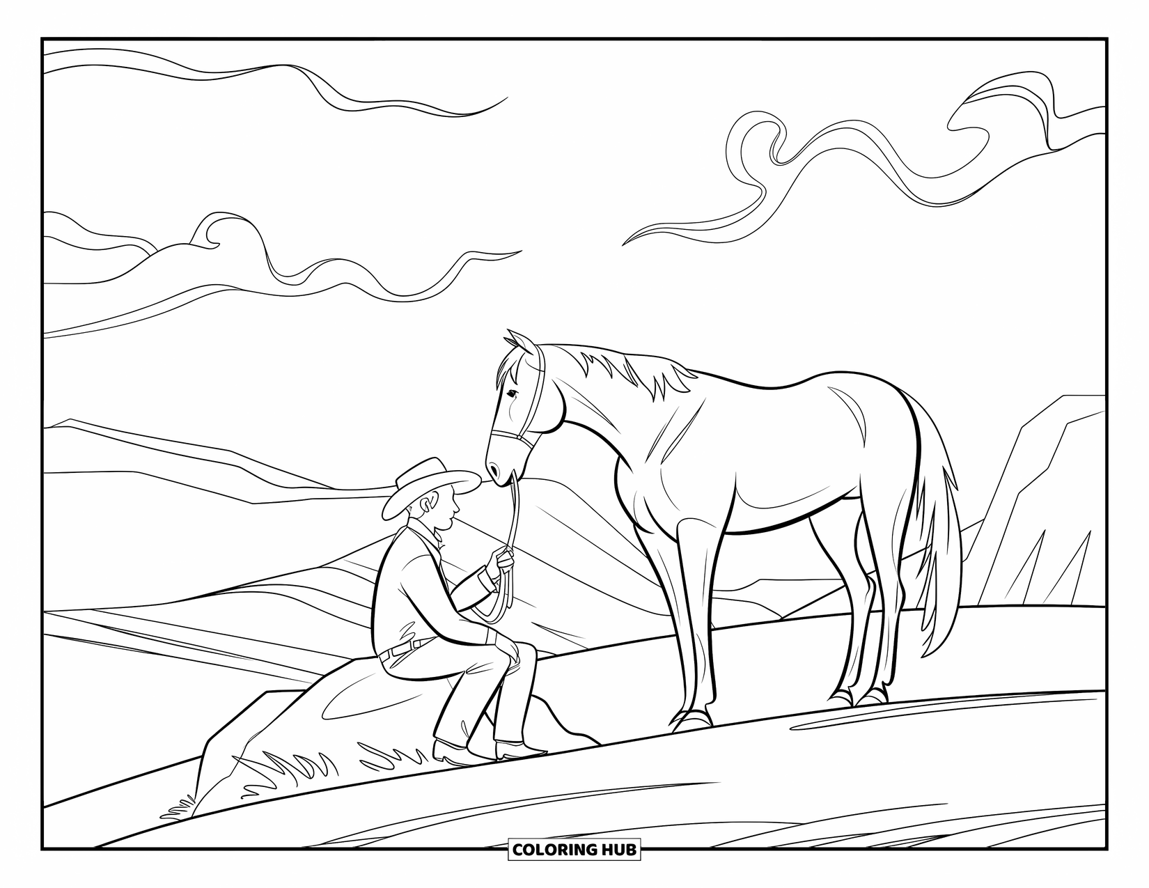 Cowboy Coloring Page for Adults: A cowboy sits beside his horse on a peaceful desert mesa under curling clouds