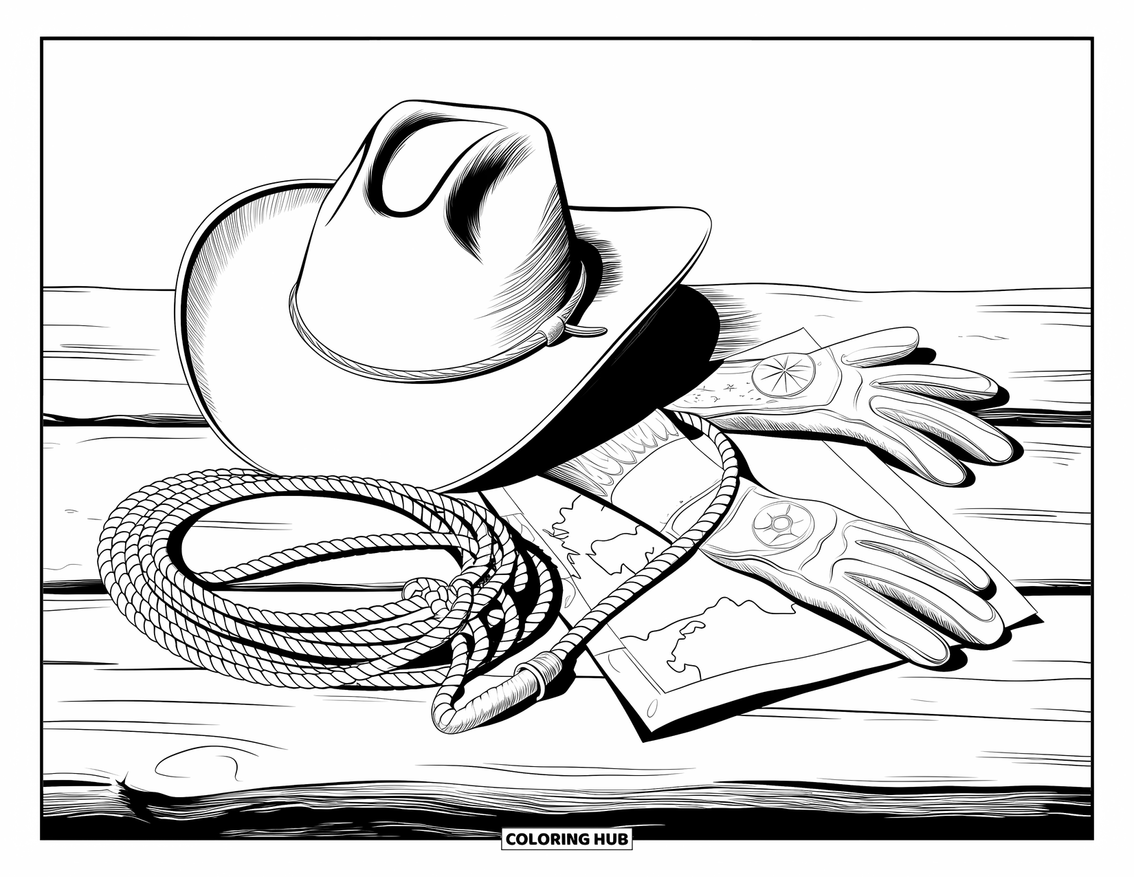 Cowboy Coloring Page for Adults: A cowboy's gear is arranged neatly on textured wooden planks