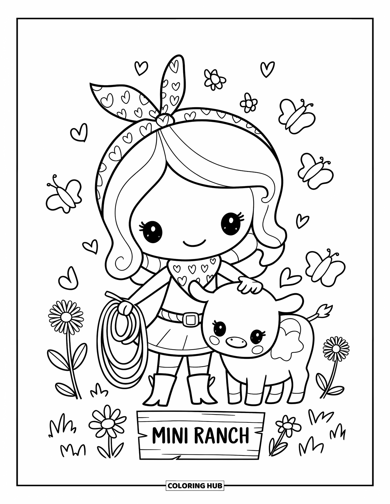 Cowboy Coloring Page for Adults: A cowgirl with a heart bandana stands beside a smiling calf near a "Mini Ranch" sign