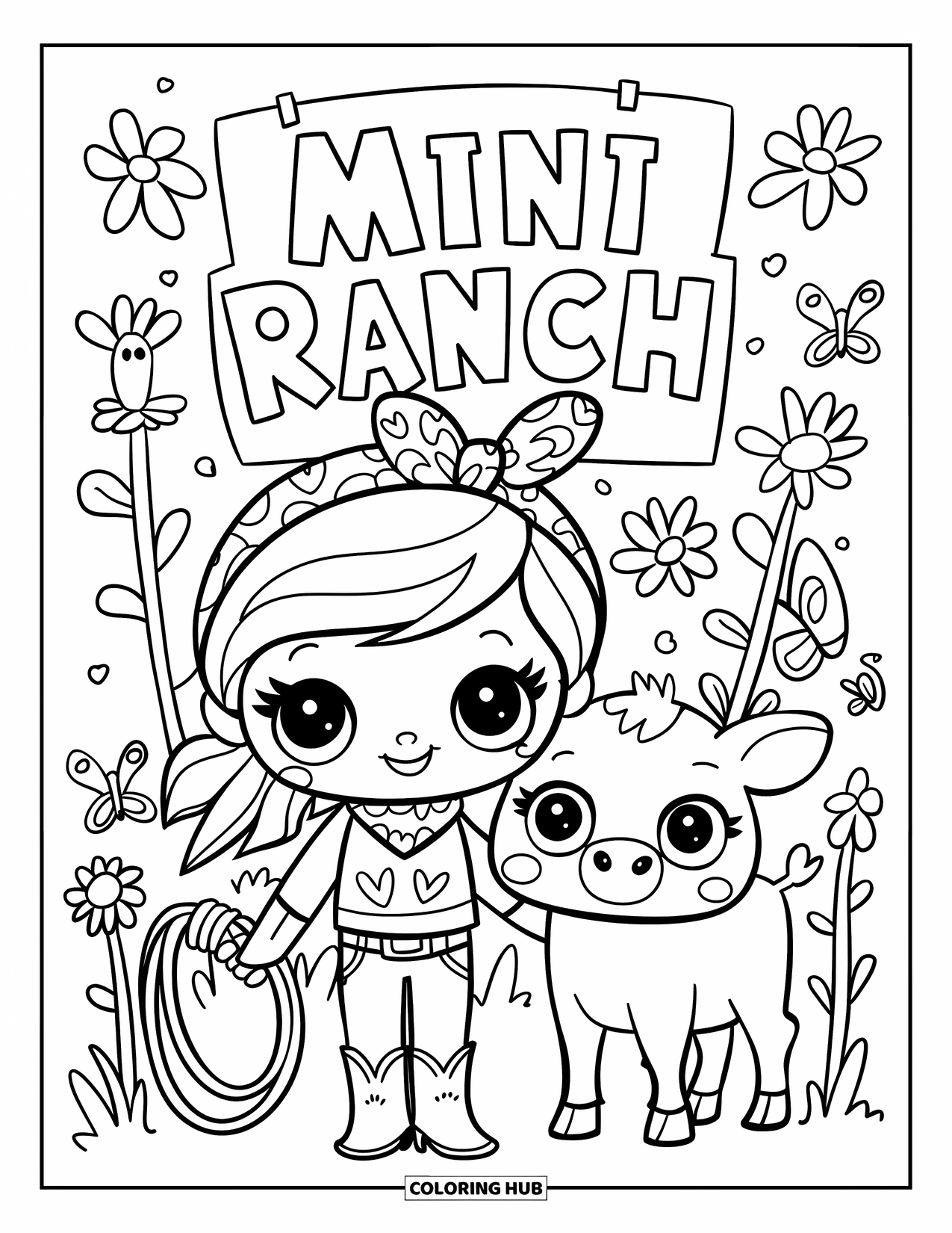 Cowboy Coloring Page for Adults: A cowgirl with a heart bandana stands by a smiling calf near a "Mini Ranch" sign