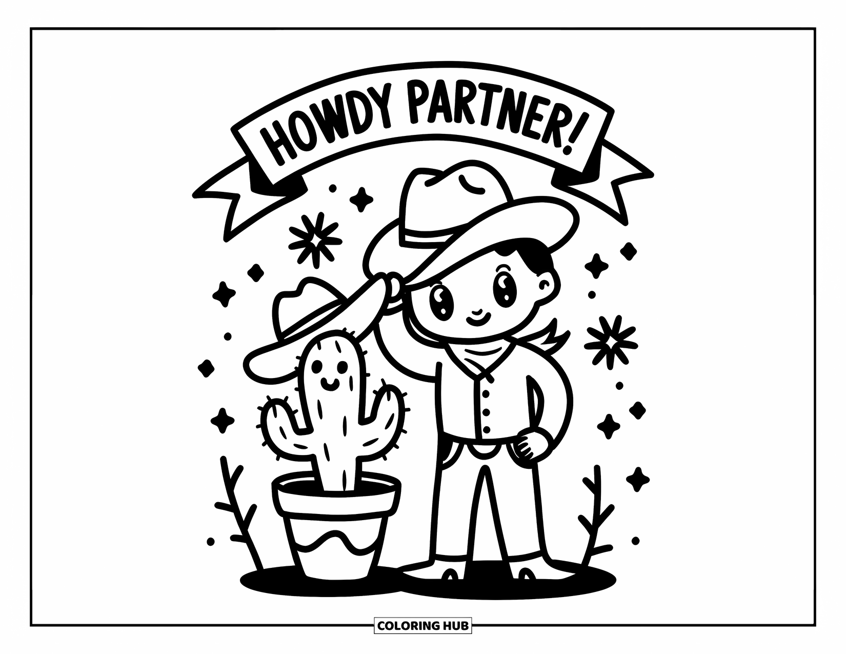 Cowboy Coloring Page for Adults: A cute cowboy tips his hat beside a smiling cactus with sparkles and a banner