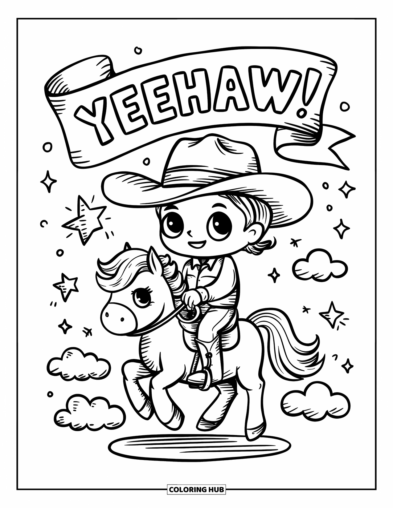 Cowboy Coloring Page for Adults: A happy cowboy on a pony gallops under fluffy clouds and a cheerful "Yeehaw!" banner