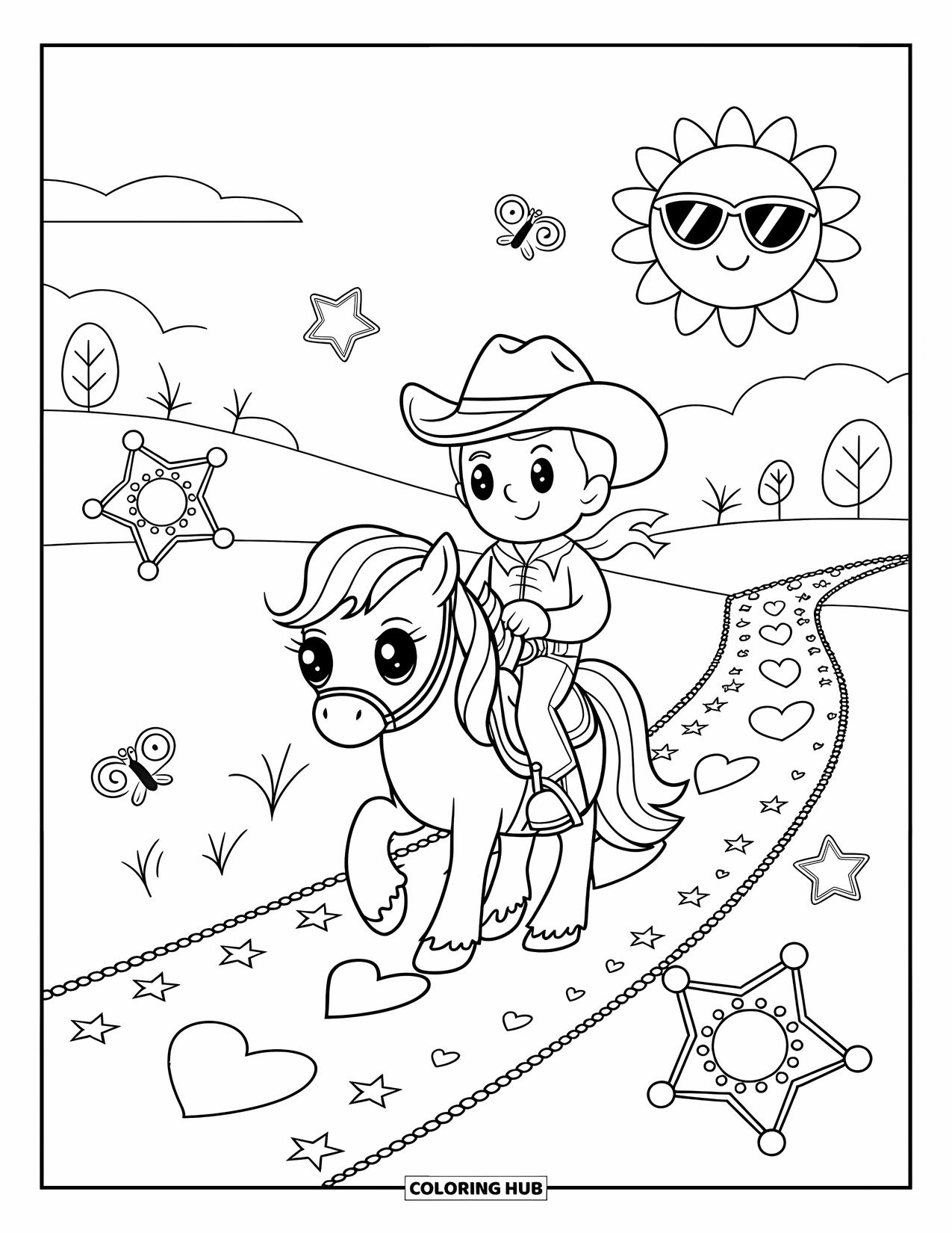 Cowboy Coloring Page for Adults: A happy cowboy rides with his pony on a heart-and-star path under a smiling sun