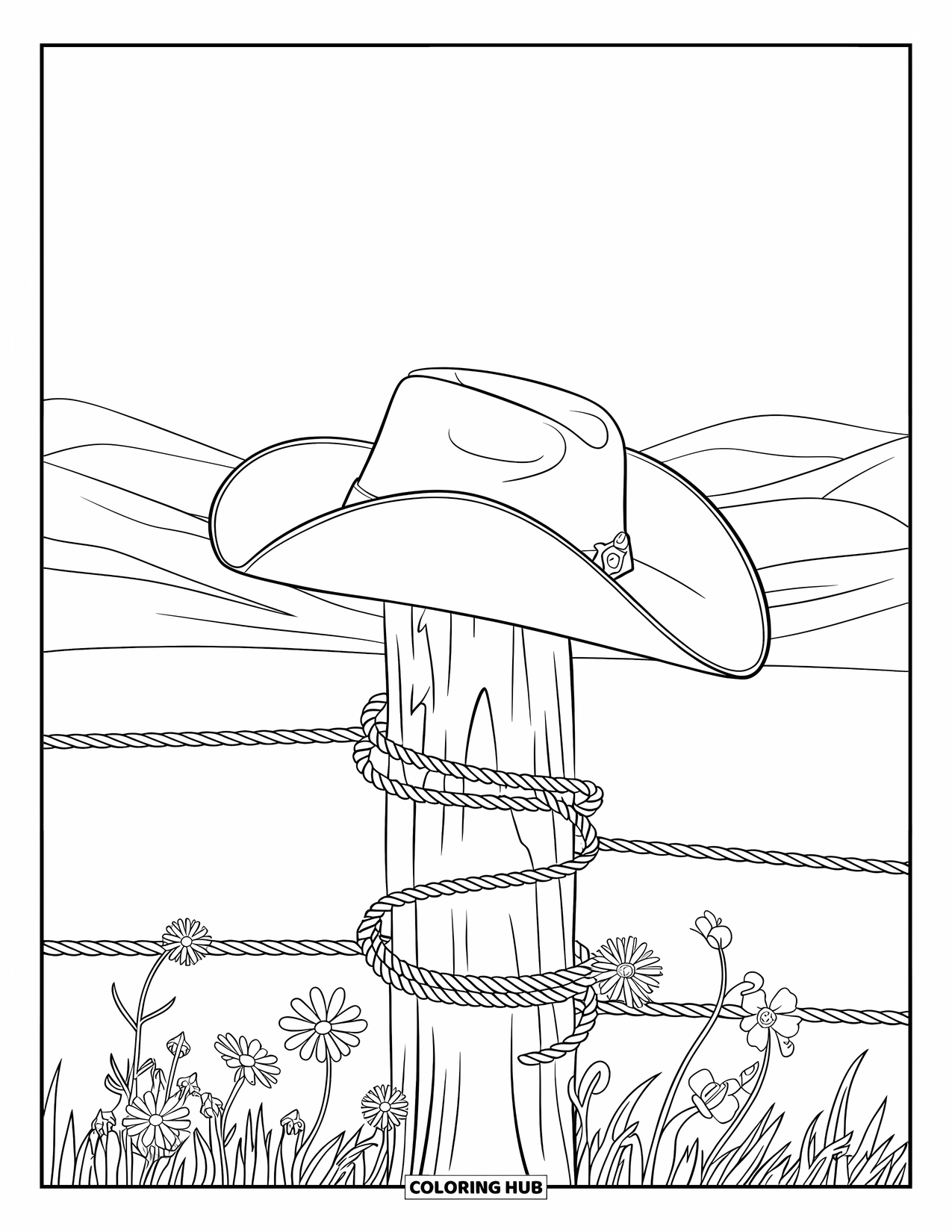 Cowboy Coloring Page for Adults: A hat on a wooden fence post sits among wildflowers and swirling rope designs