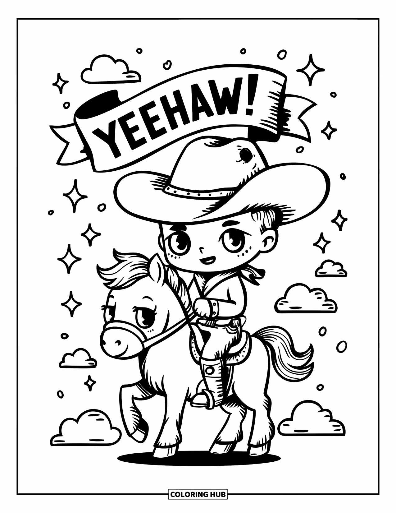 Cowboy Coloring Page for Adults: A tiny cowboy rides a pony with stars and clouds around a floating "Yeehaw!" sign