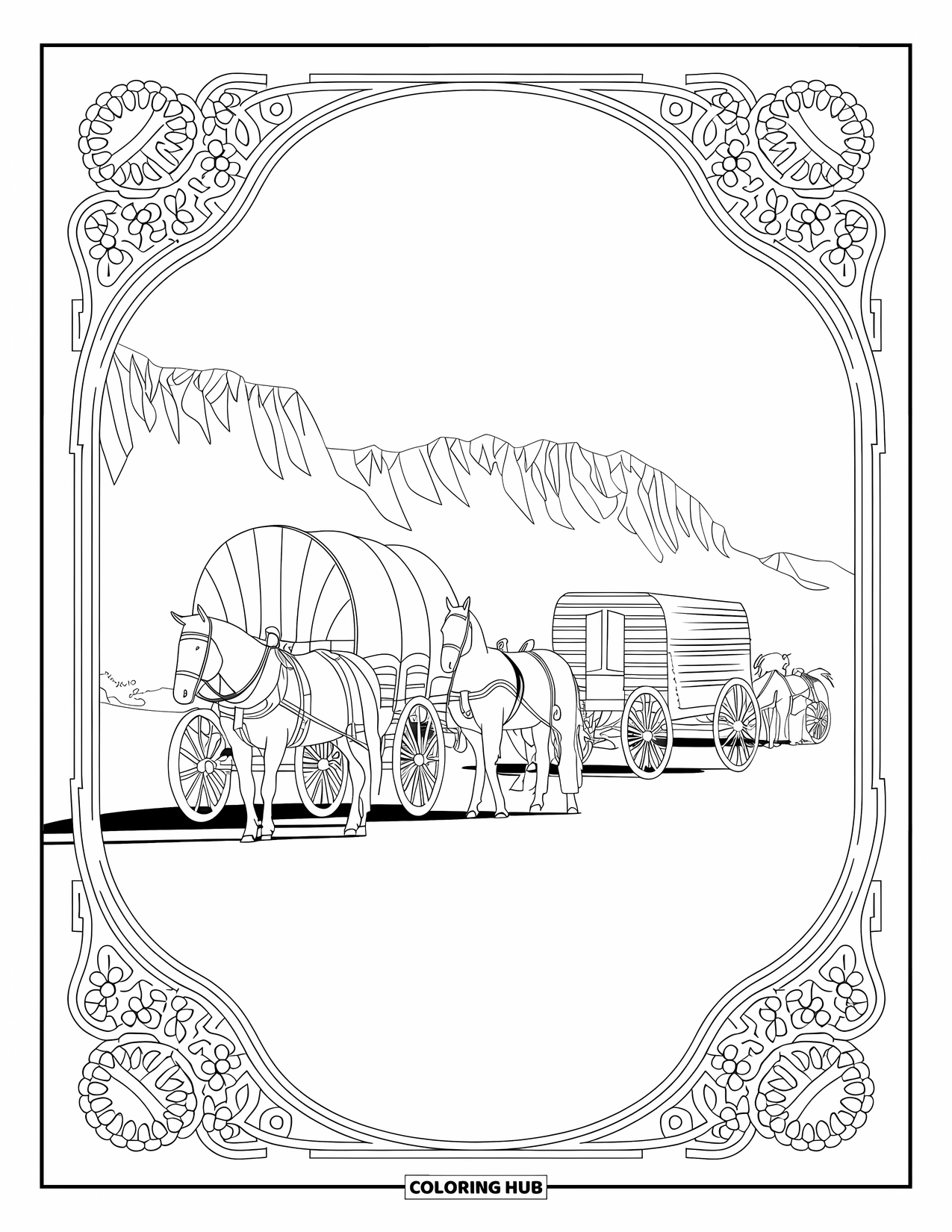 Cowboy Coloring Page for Adults: A western caravan of horses and wagons is framed by intricate filigree designs