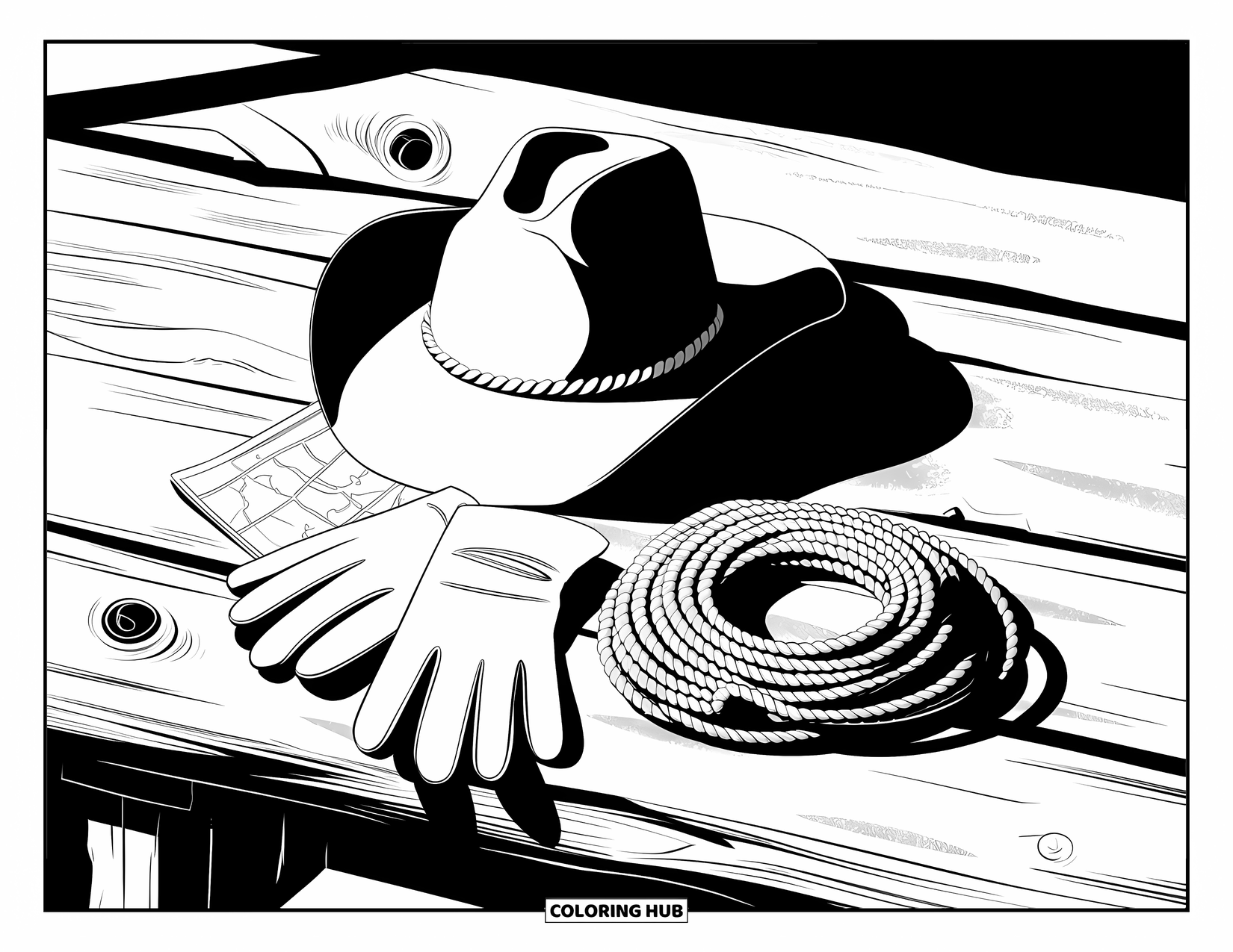Cowboy Coloring Page for Adults: Hat, gloves, rope, and map lie on a wooden surface with rich details