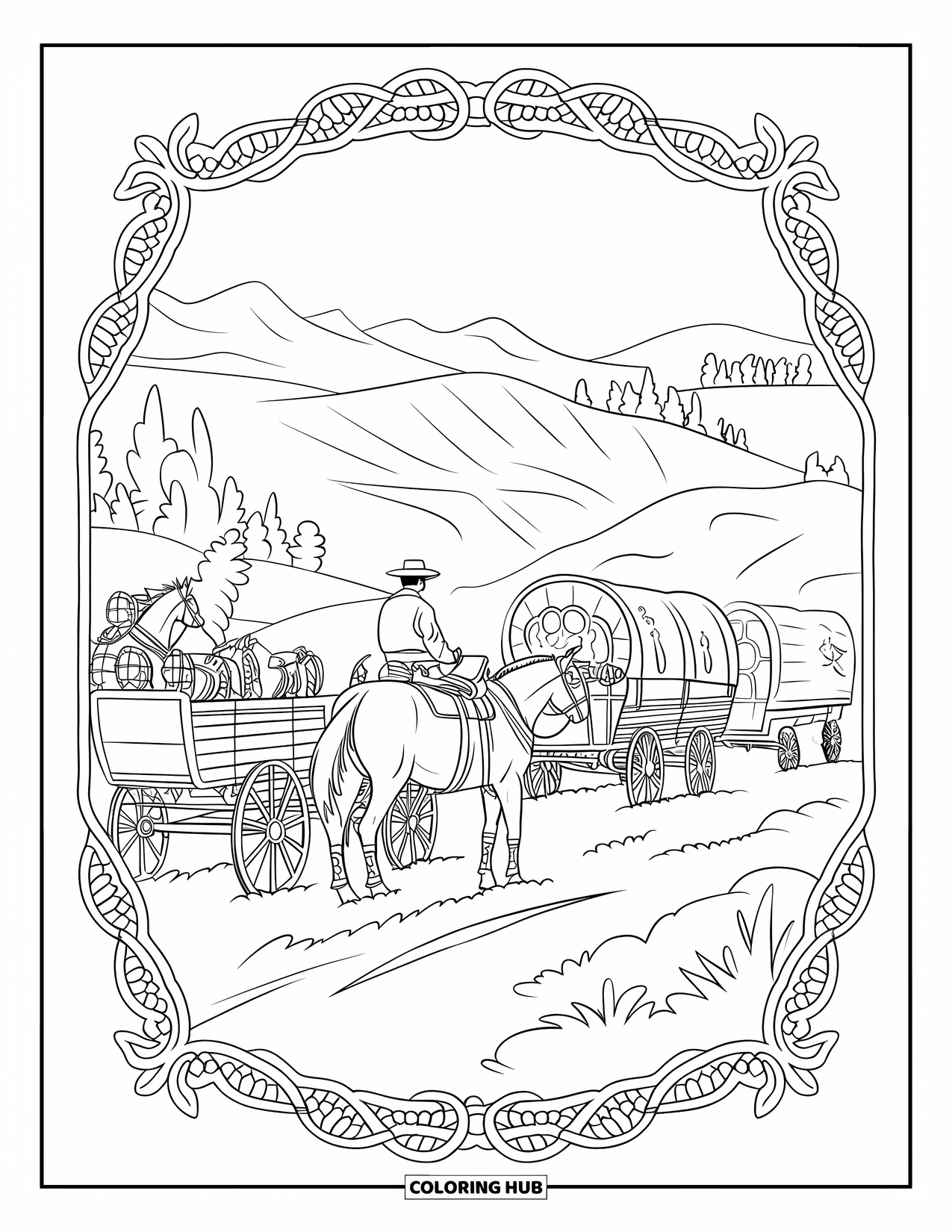 Cowboy Coloring Page for Adults: Horses and wagons travel through hills, framed by ornate western-style details