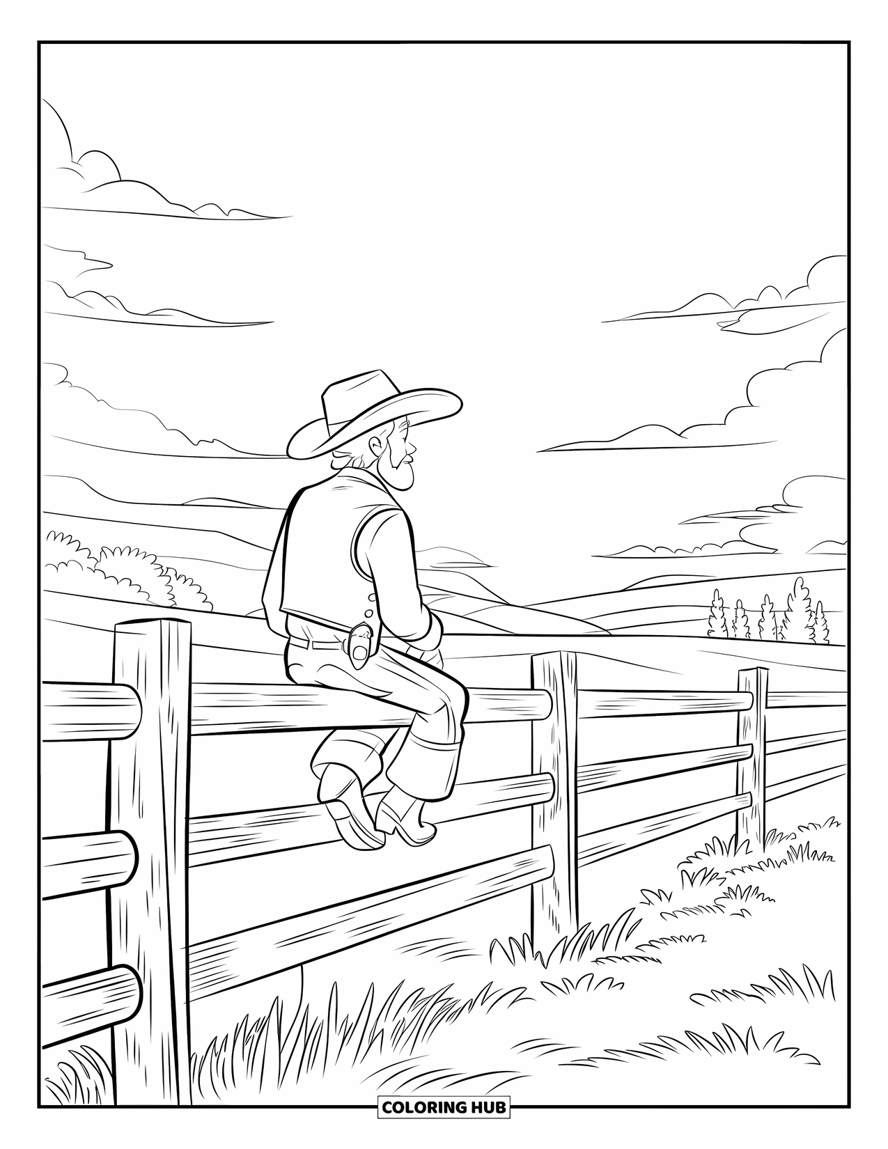 Cowboy Coloring Page for Kids: A bearded cowboy rests on a fence, gazing at the peaceful sunset