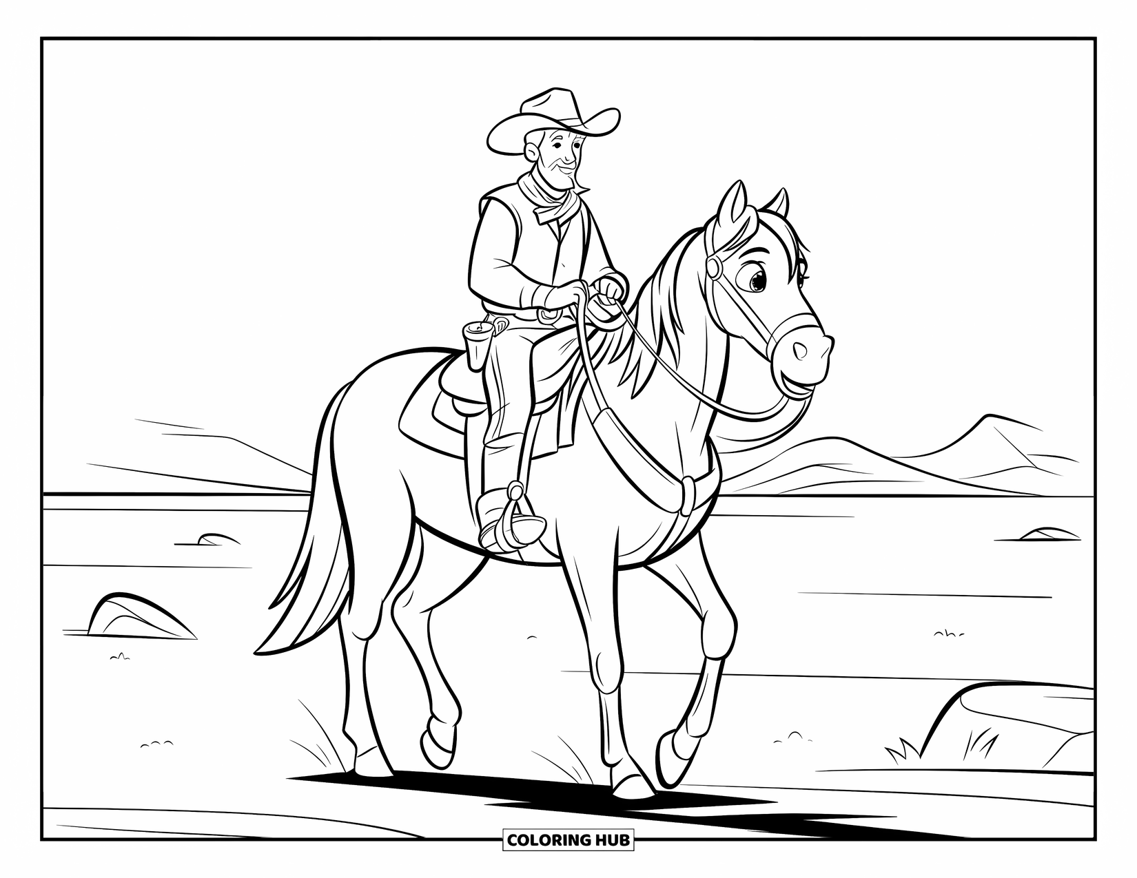 Cowboy Coloring Page for Kids: A bearded cowboy rides across a flat stretch of land with rocks and mountains ahead