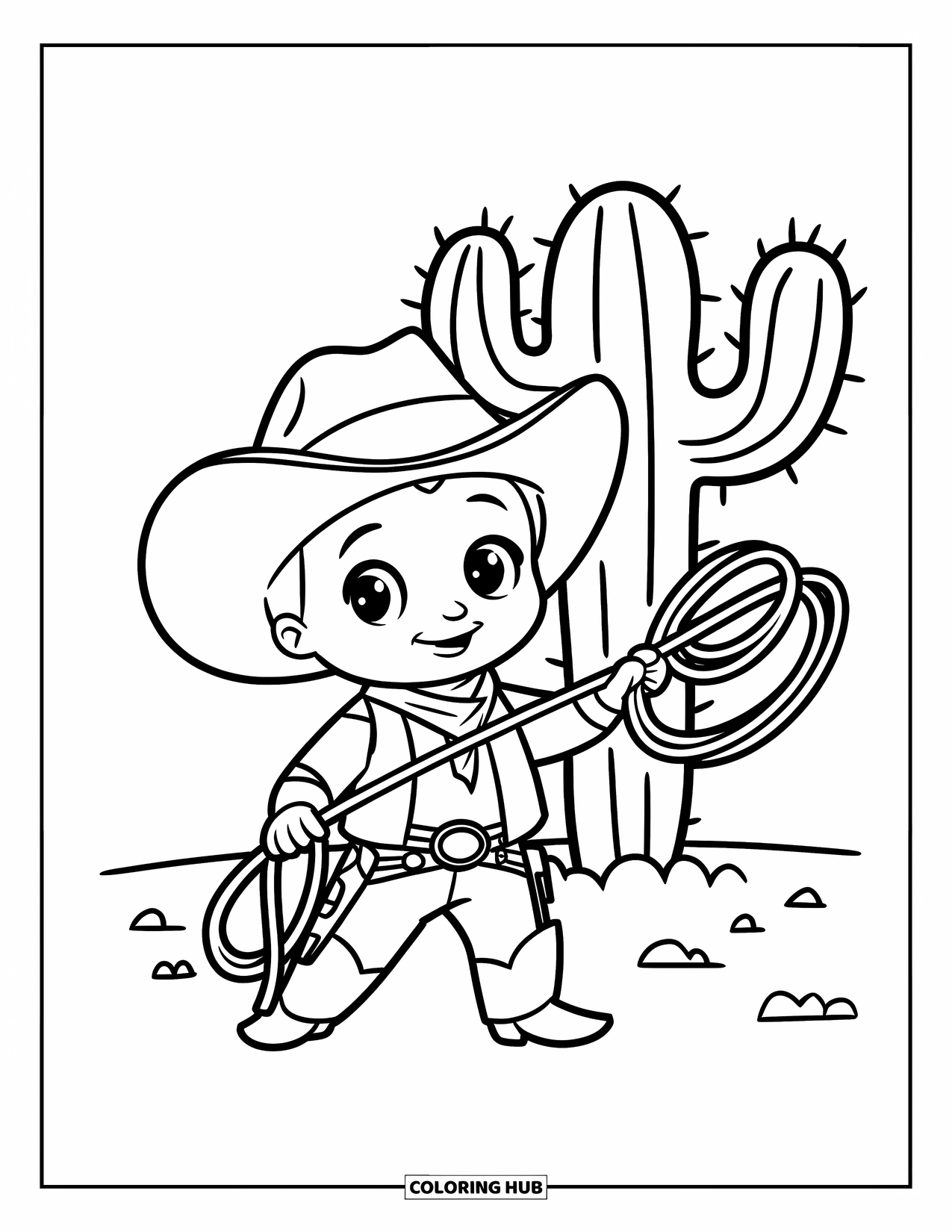 Cowboy Coloring Page for Kids: A cheerful cowboy holds a lasso beside a tall cactus in the desert