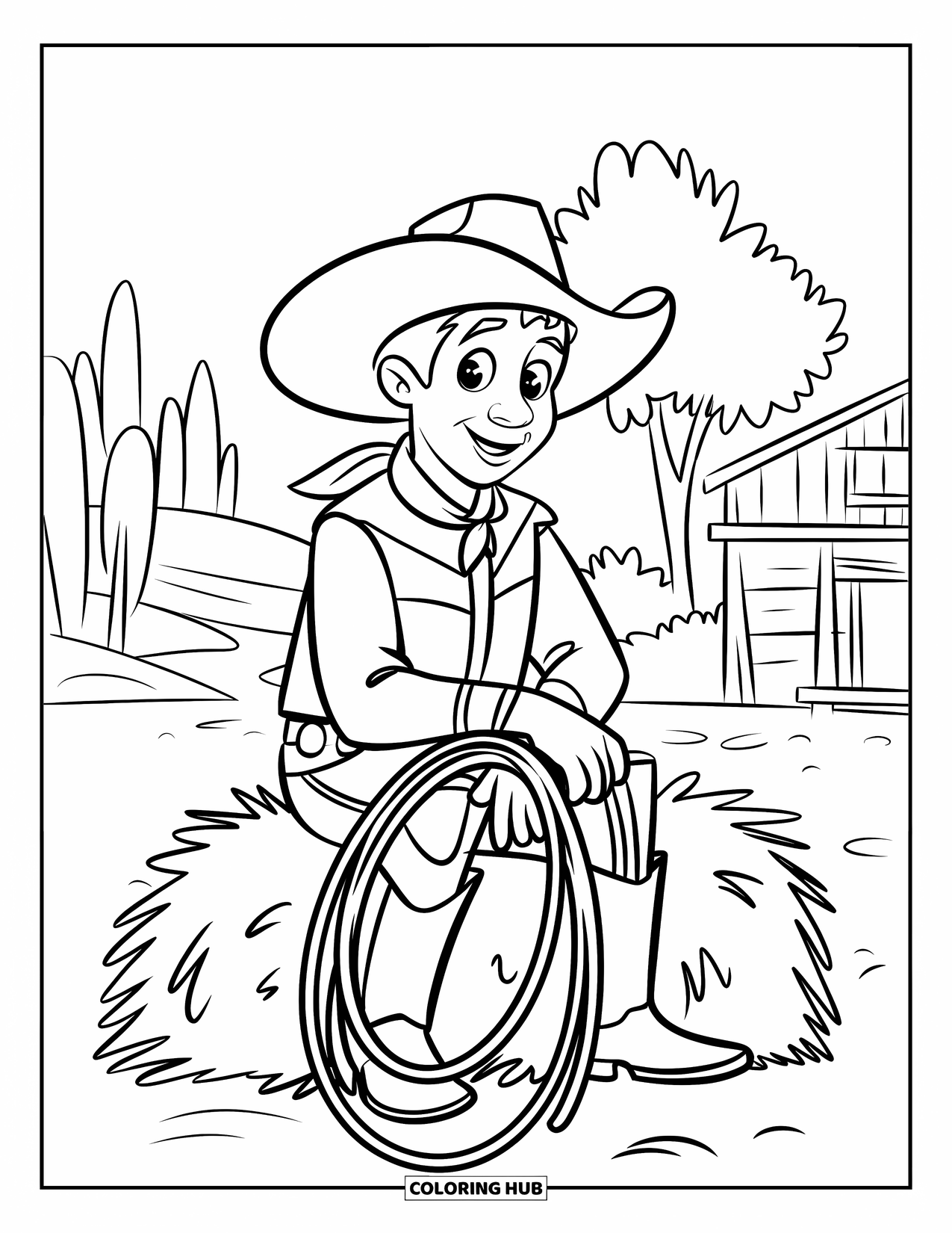 Cowboy Coloring Page for Kids: A cheerful cowboy sits on a haystack with trees and a building in the background