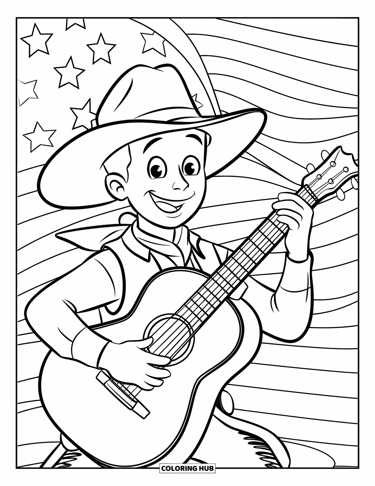 Cowboy Coloring Page for Kids: A cheerful cowboy strums his guitar with stars and stripes behind him