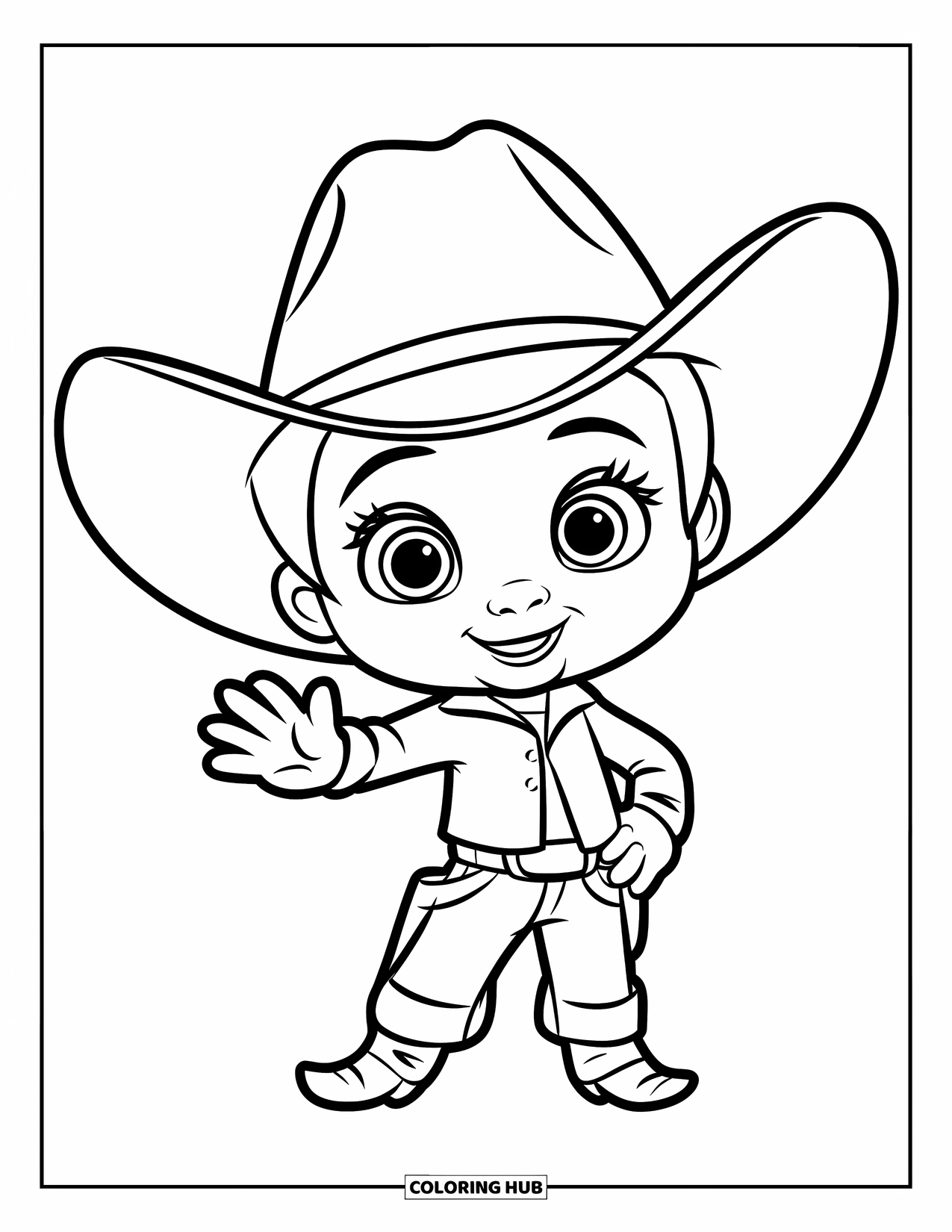 Cowboy Coloring Page for Kids: A cheerful cowboy waves with a big hat and a bright smile