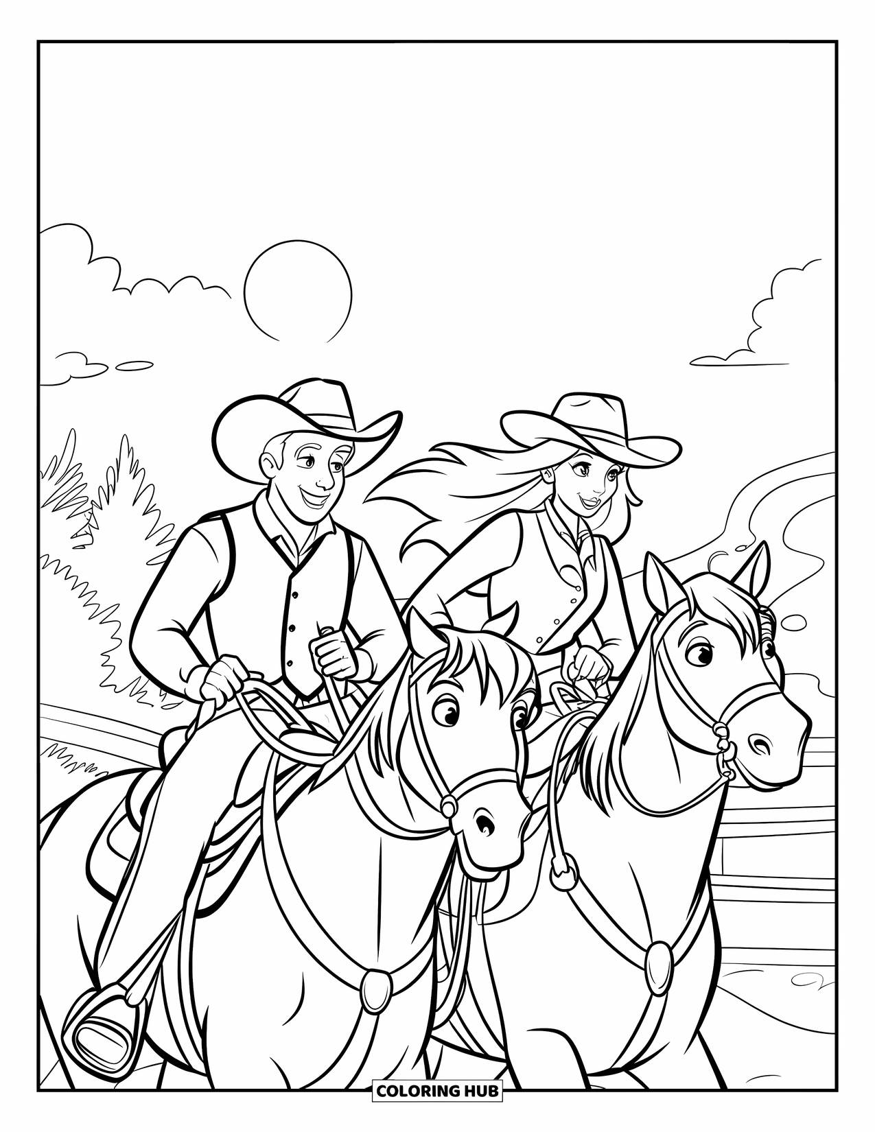 Cowboy Coloring Page for Kids: A cowboy and cowgirl ride side by side into the sunset with trees in the distance