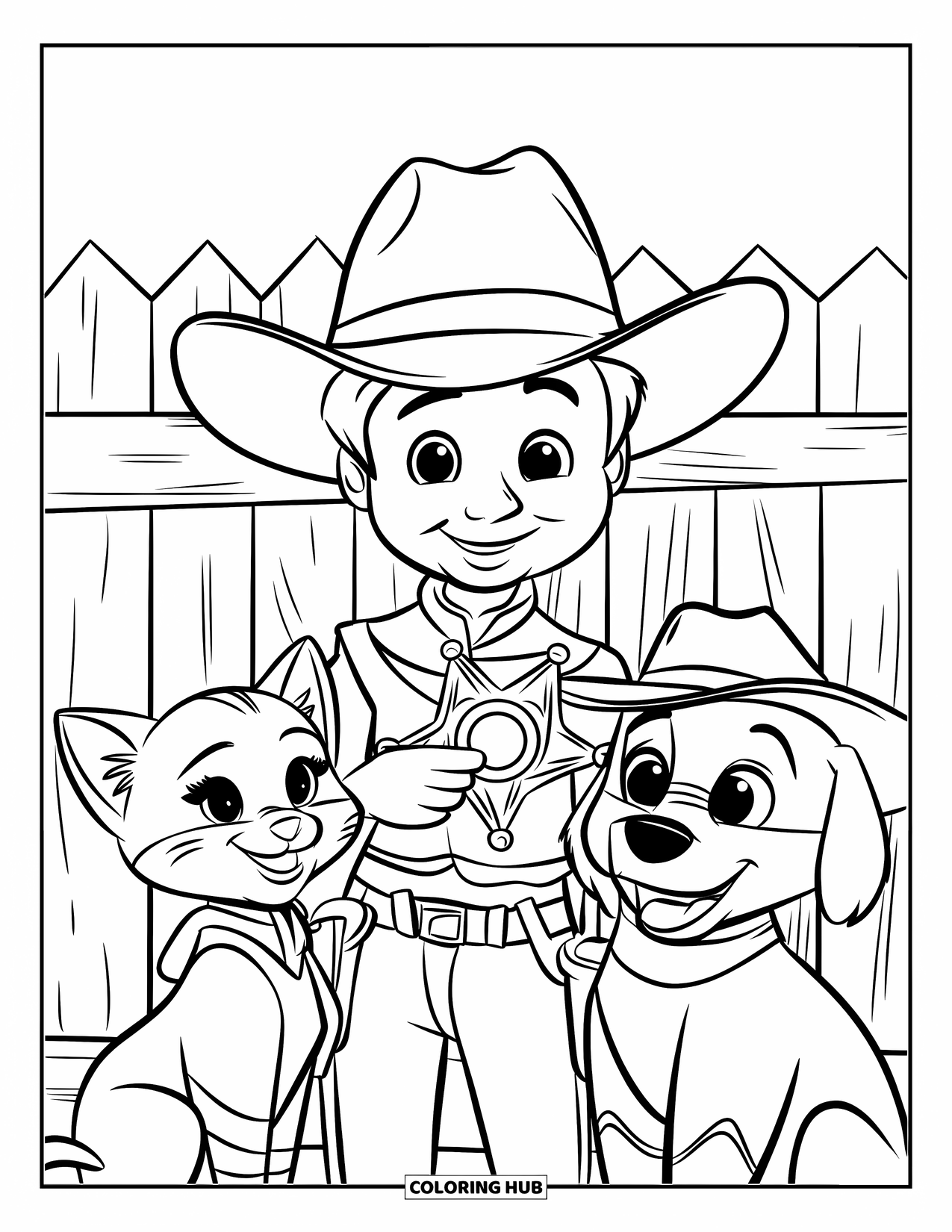 Cowboy Coloring Page for Kids: A cowboy flashes his badge to a cat and dog friend near a wooden fence