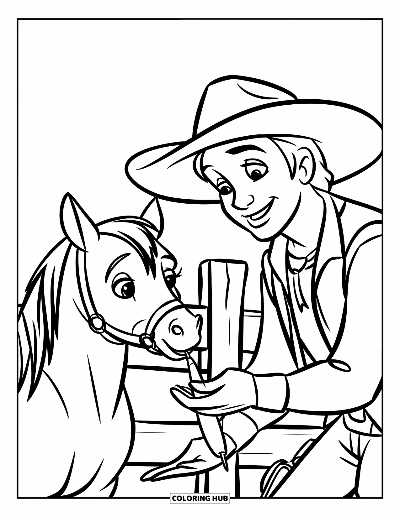 Cowboy Coloring Page for Kids: A cowboy holds out a carrot for a hungry little horse