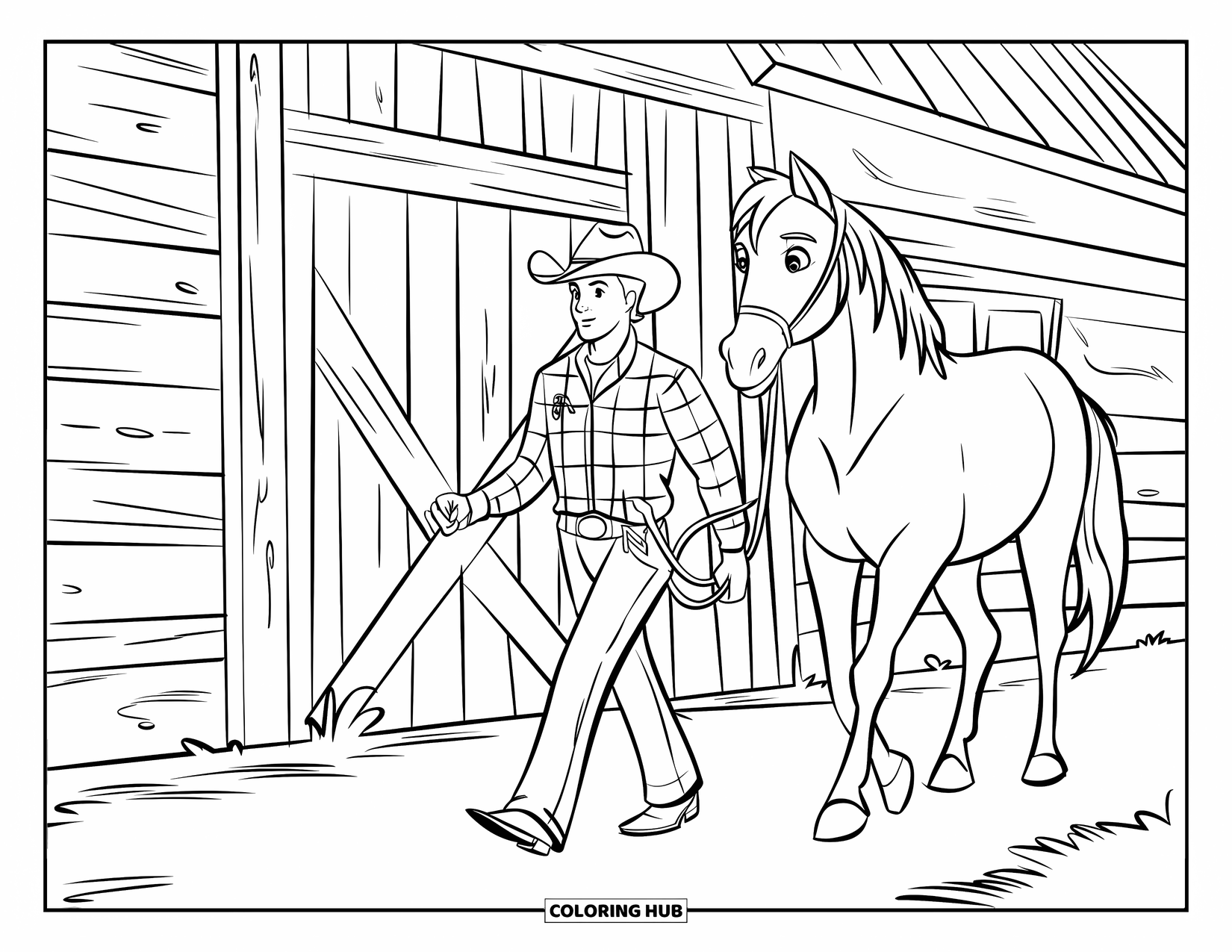 Cowboy Coloring Page for Kids: A cowboy in plaid guides his horse by a barn with wooden planks and dirt ground