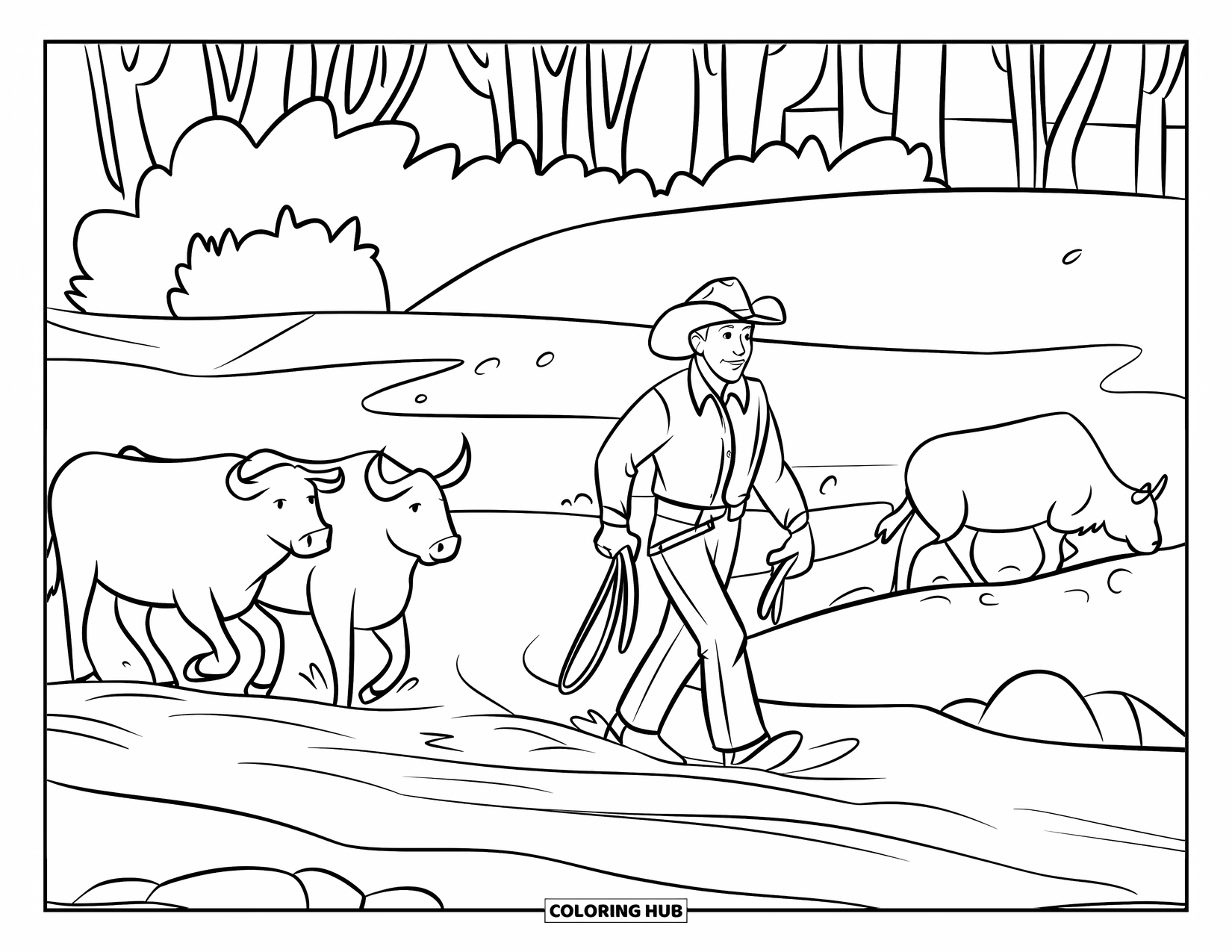 Cowboy Coloring Page for Kids: A cowboy leads cattle through a calm river with trees lining the peaceful background