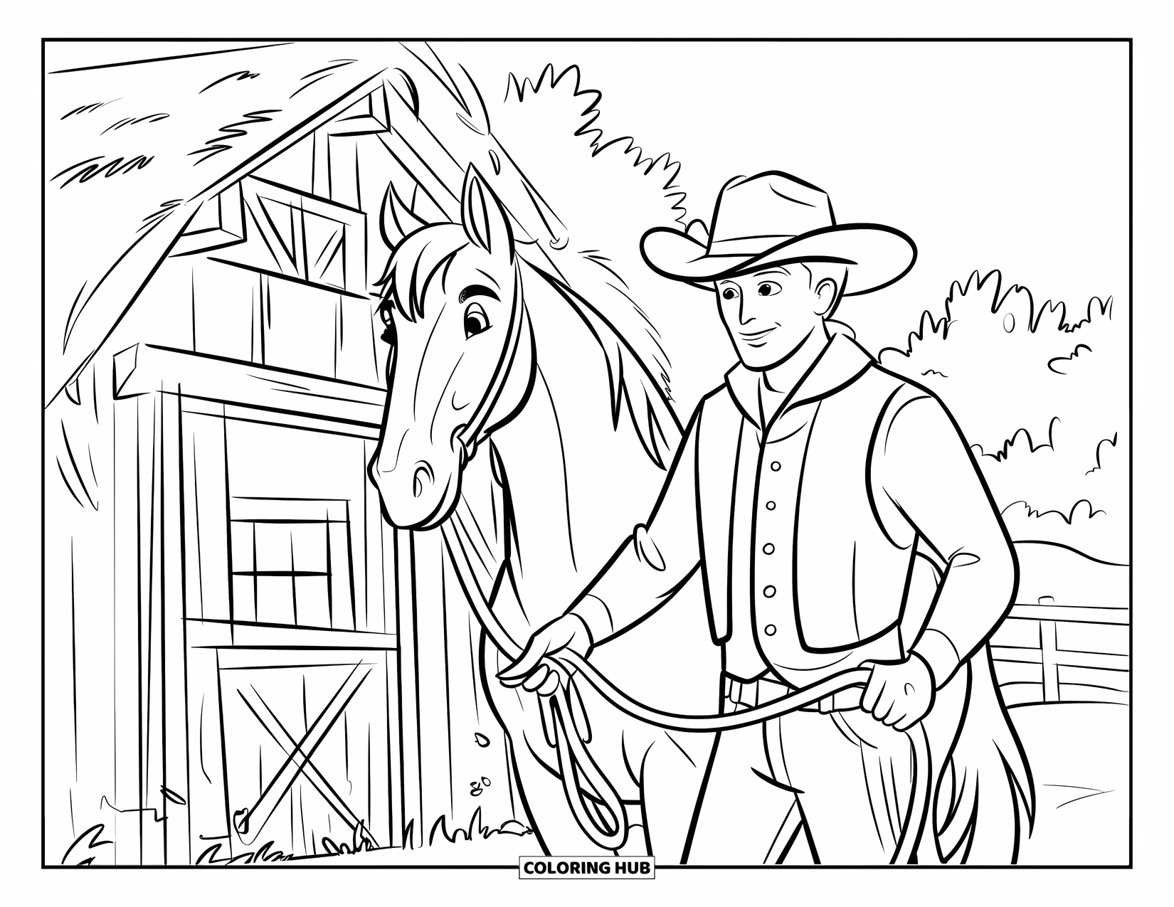 Cowboy Coloring Page for Kids: A cowboy leads his horse beside a rustic barn with trees in the background