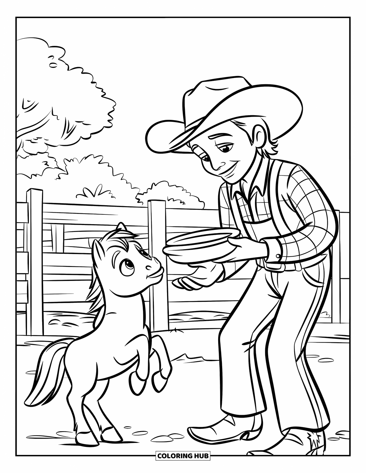 Cowboy Coloring Page for Kids: A cowboy offers food to a small horse standing tall near a ranch fence