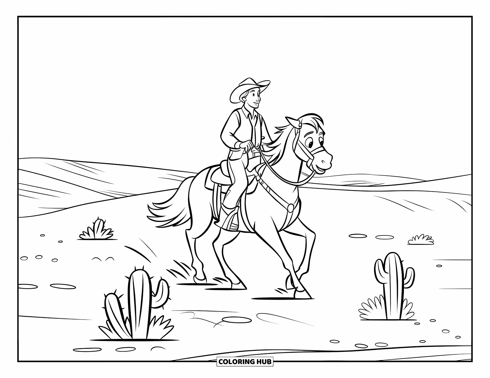 Cowboy Coloring Page for Kids: A cowboy on horseback crosses sandy desert land with a few scattered cacti