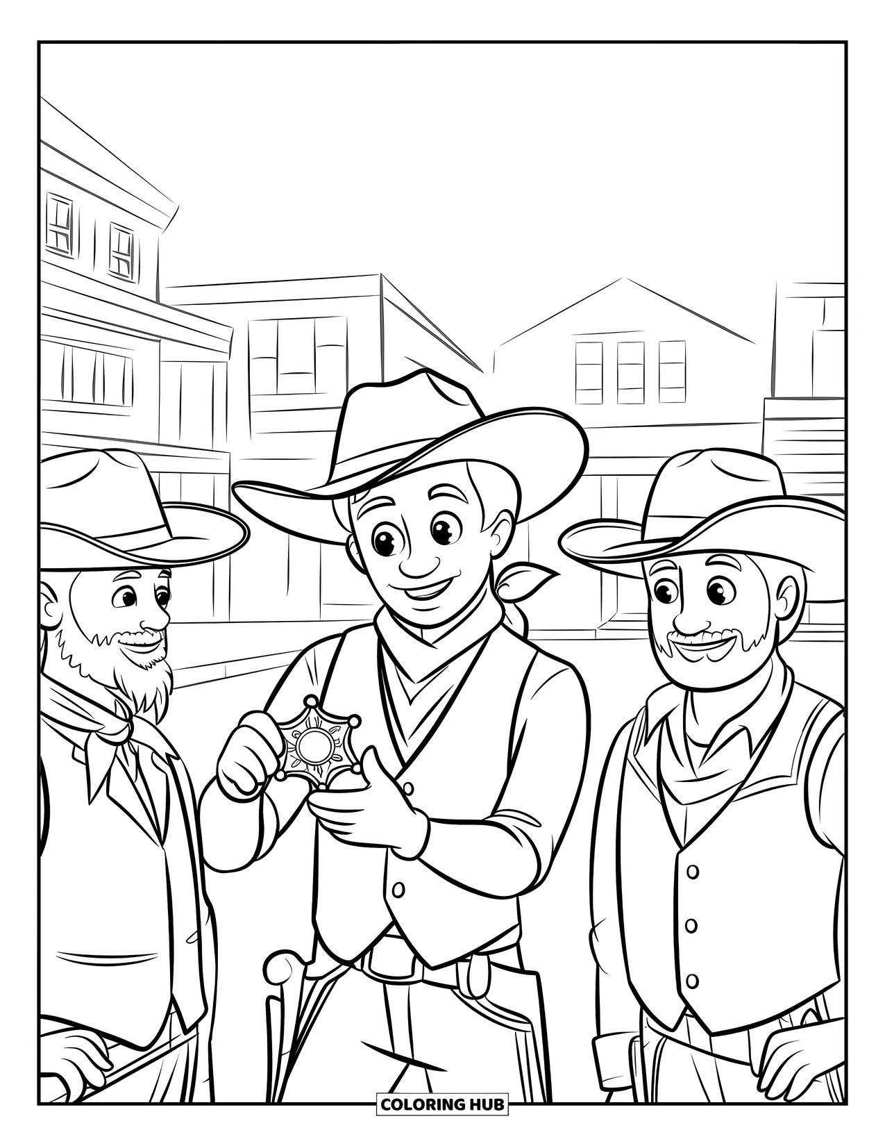 Cowboy Coloring Page for Kids: A cowboy proudly shows his badge to two friends in front of a western town